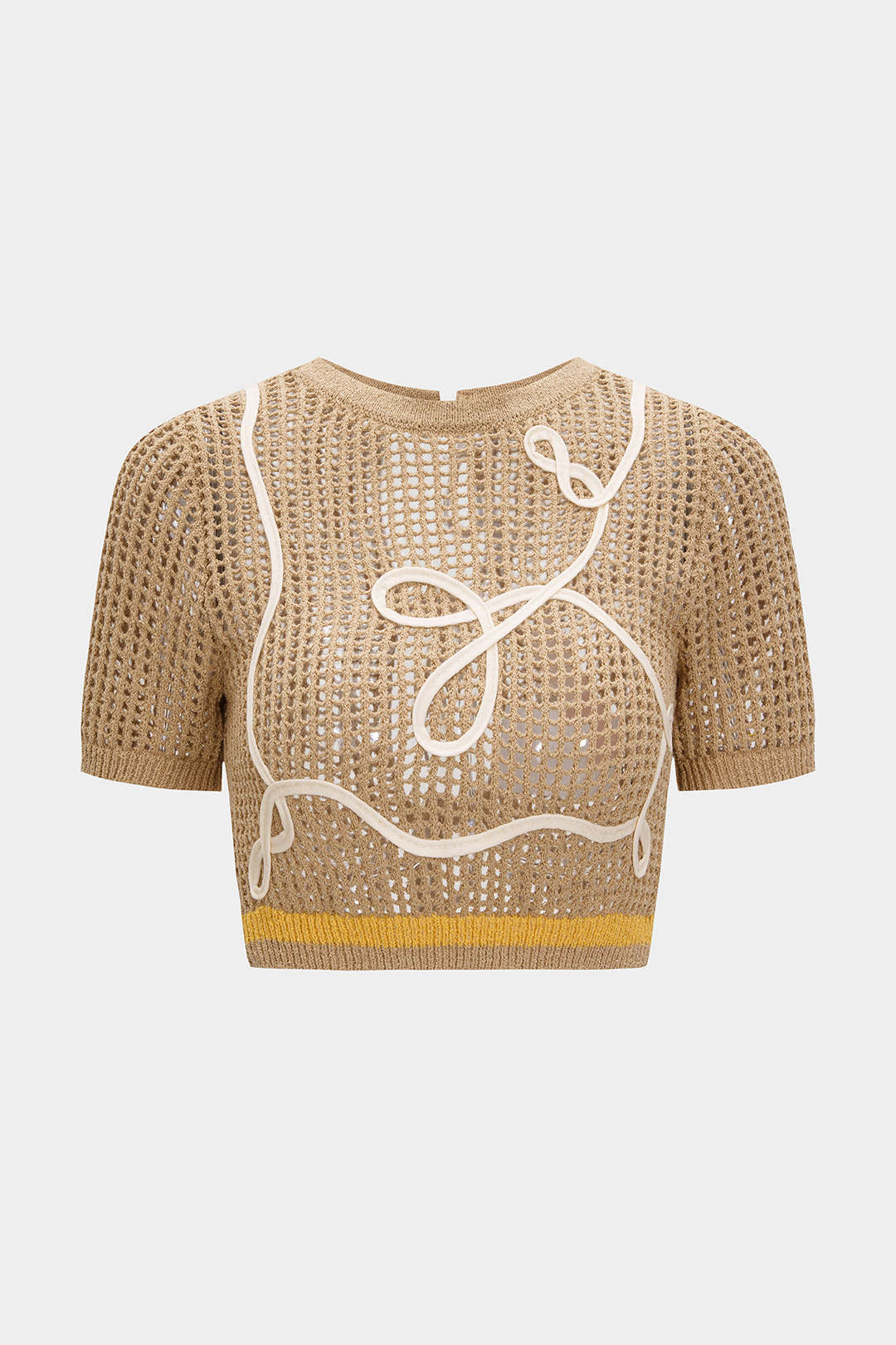 Knit 3D Embroidery Print Contrast Tie-Back Short-Sleeve Top