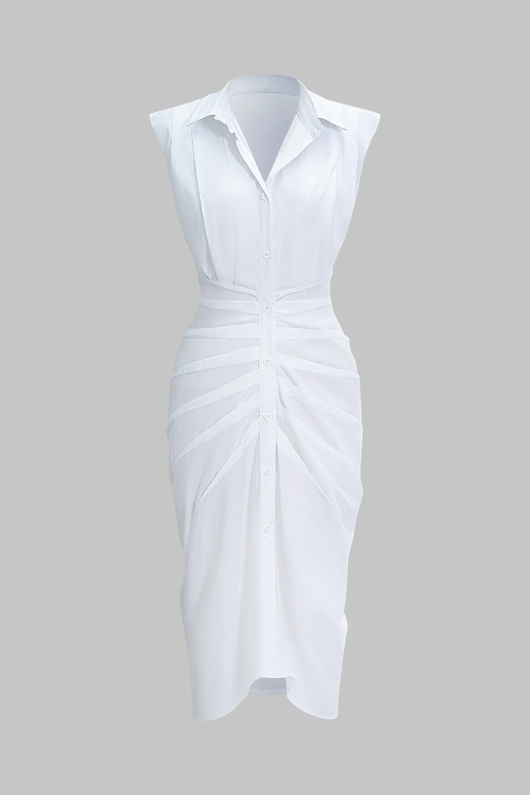 Button-Pleated Tie-Back Sleeveless Mid-Length Dress