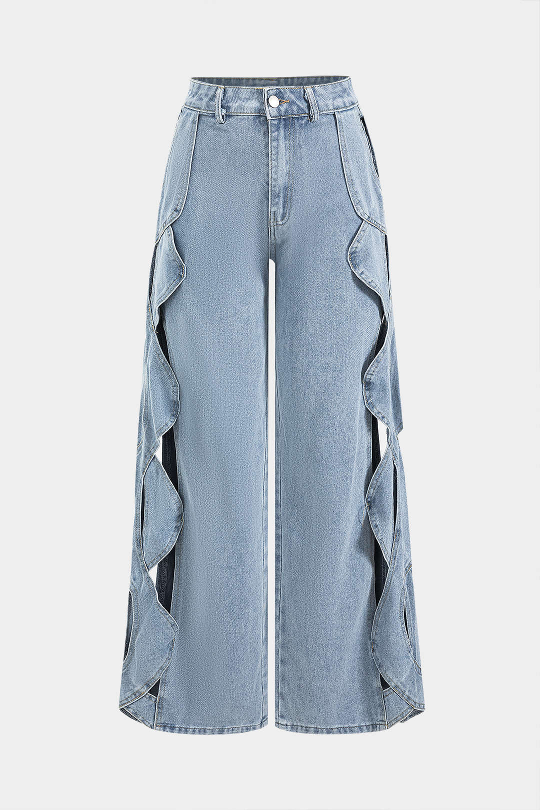 Denim Hollow-Out Button-Pocket Wide-Leg Jeans