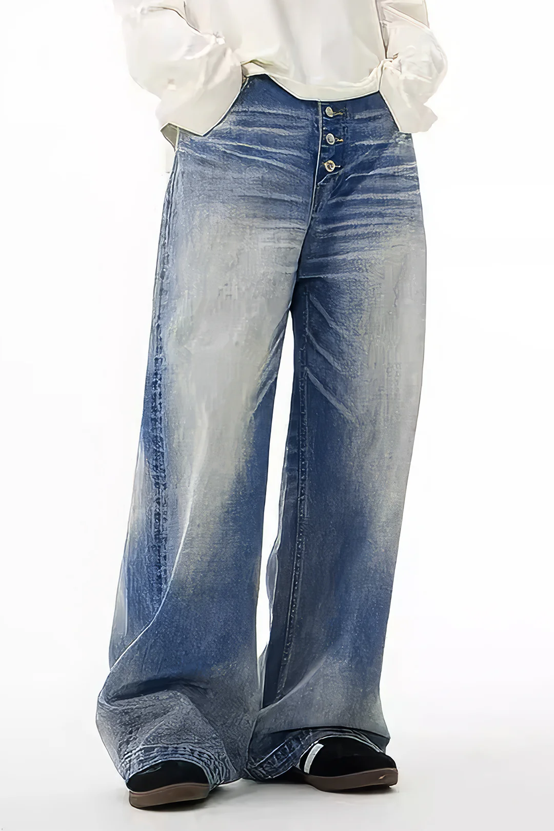 Faded Distressed Button Pocket Wide Leg Denim Jeans