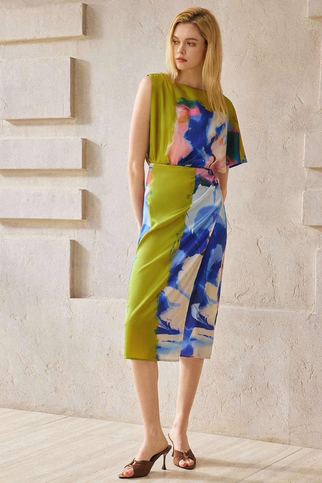 Abstract Pattern Satin Asymmetrical Short Sleeve Long Dress