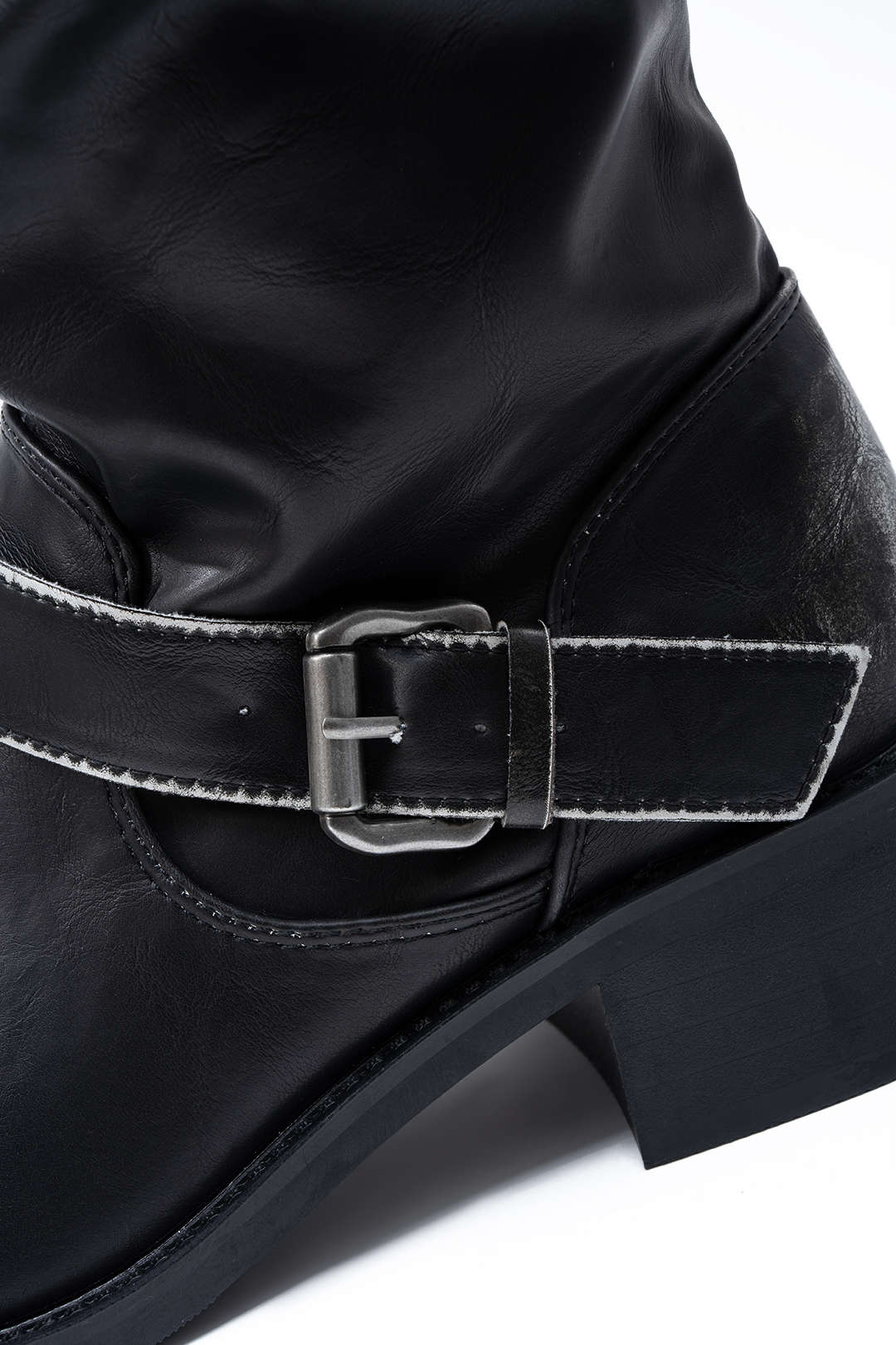 Metallic Buckle Mid Calf Leather Boots