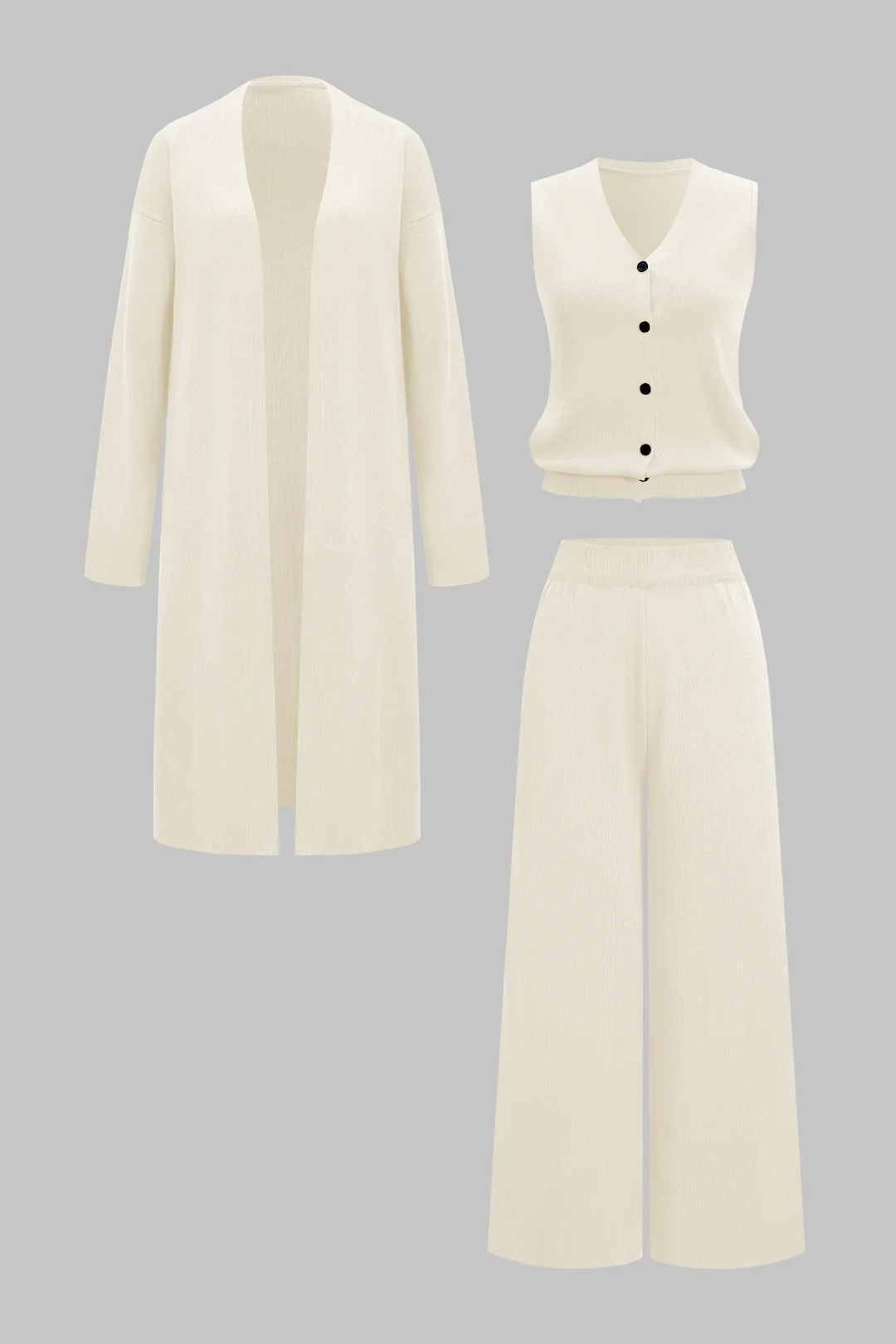 Knit Soid Button Vest And Long Cardigan And Wide Leg Trousers Set