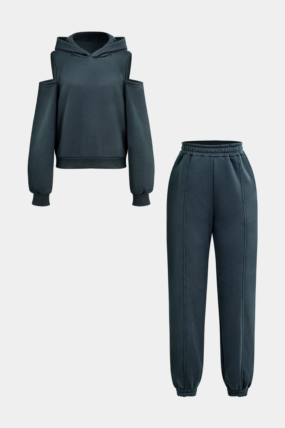 Solid Hooded Cut-Out Sweatshirt and Elastic Pants Combo