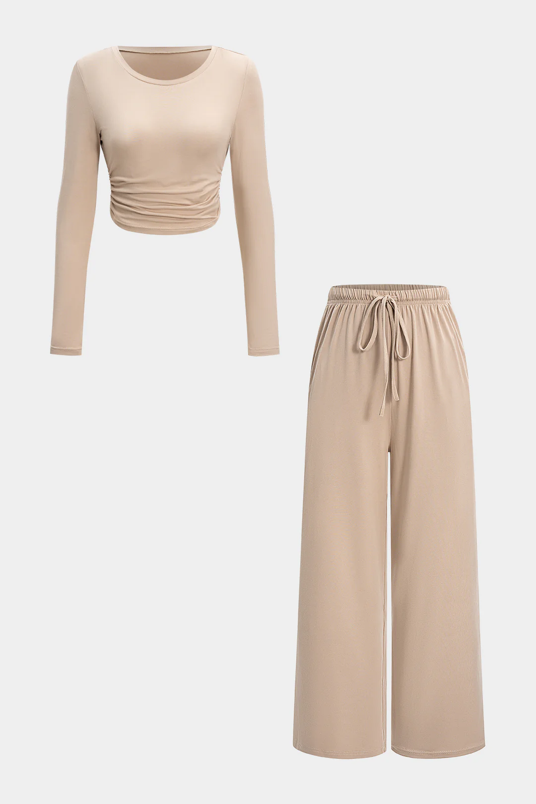 Ruched Long-Sleeve Top And Tie-Up Trousers Set