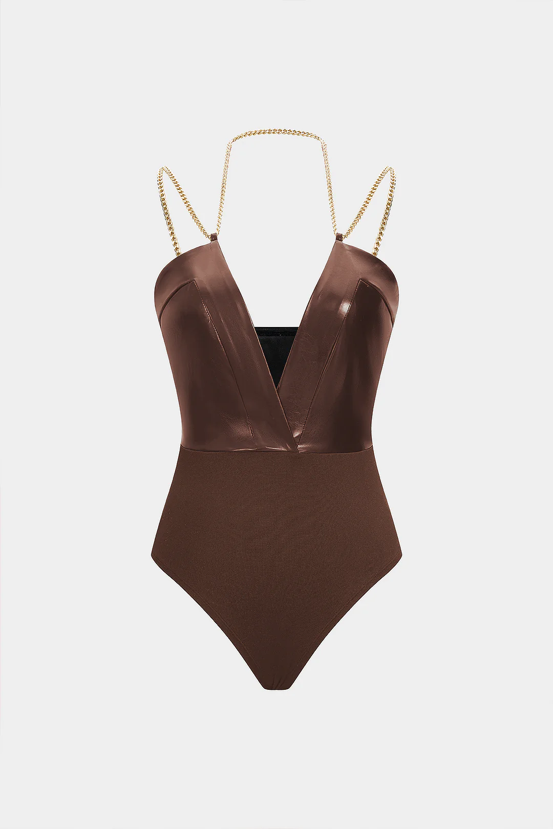 Faux Leather Chain Patchwork Sleeveless V-Neck Bodysuit