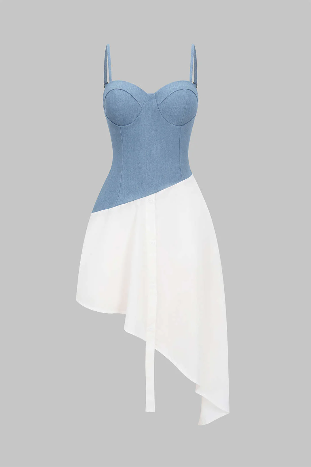 Asymmetrical Washed Patchwork Denim Sleeveless Midi Dress