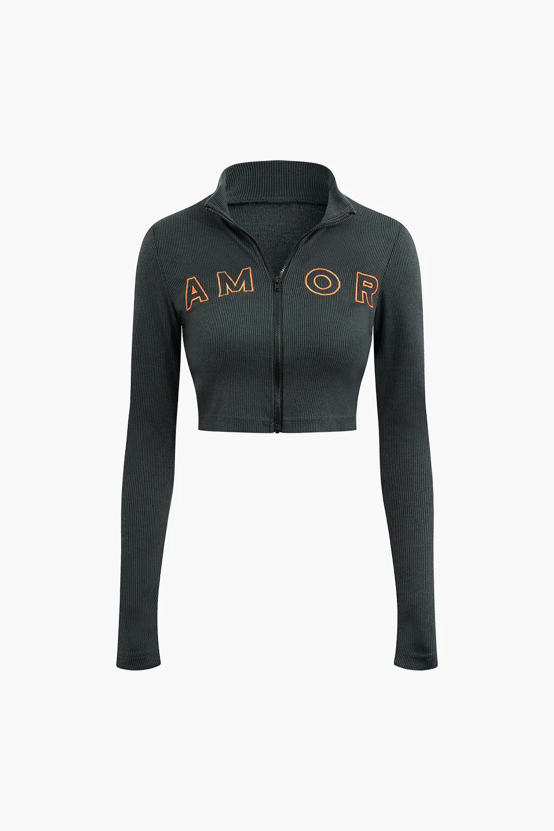 Embroidered Letter Ribbed Stand Collar Zipper Crop Cardigan and Pleated Mini Skirt Set