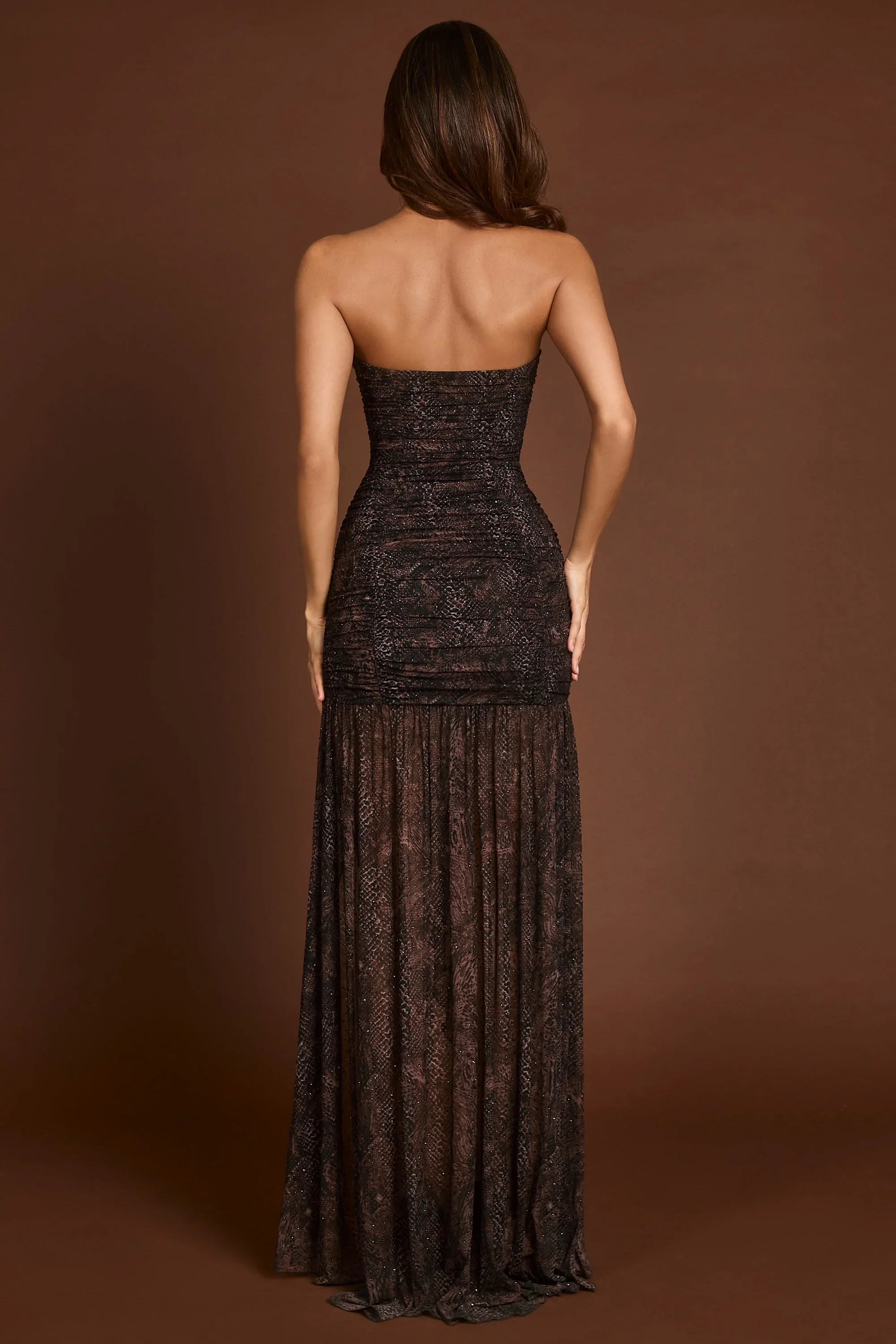Embellished Bandeau Gathered Maxi Dress in Snake Hotfix