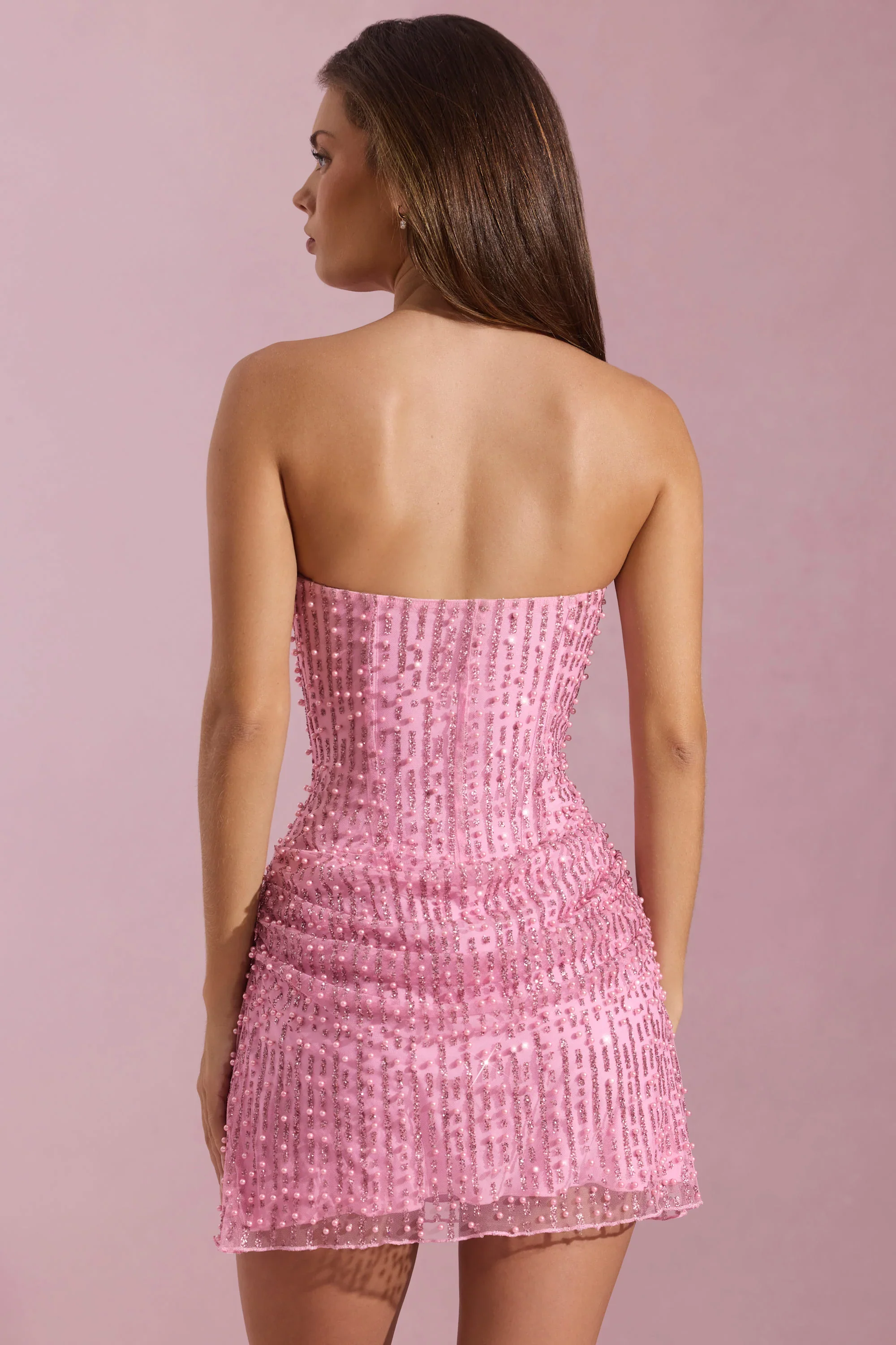 Embellished Draped Strapless A-Line Mini Dress in Pink