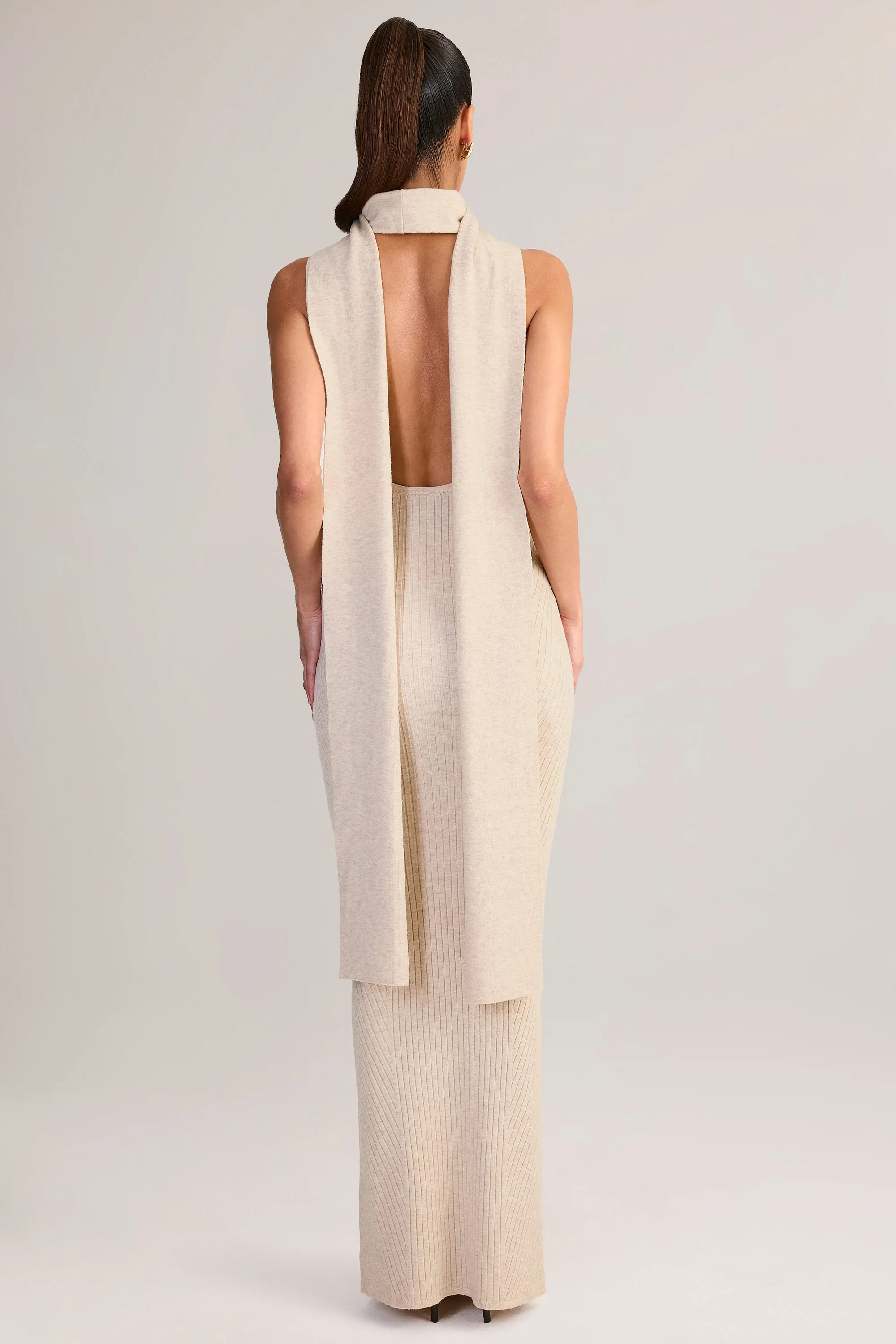 Knit Scarf-Detail Halterneck Maxi Dress in Cream