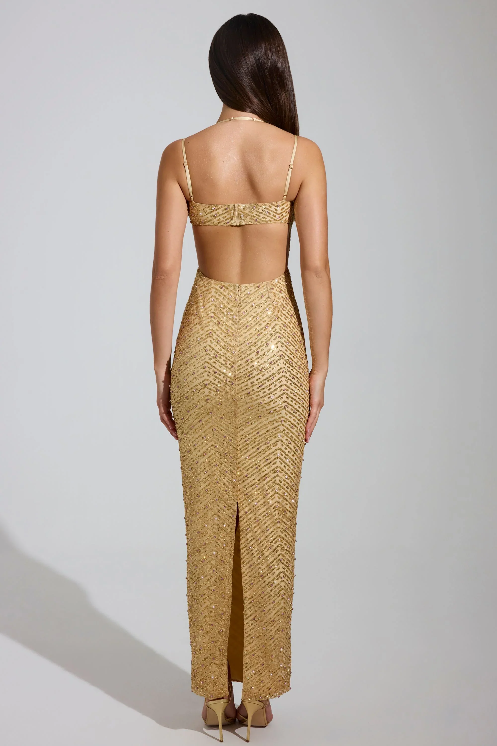 Embellished Cowl-Neck Maxi Dress in Gold