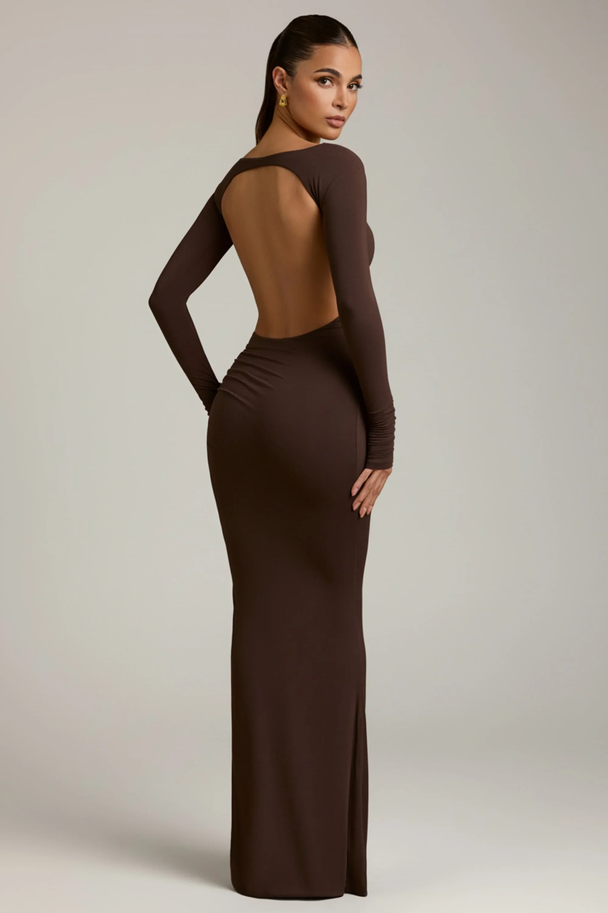 Modal Ruched Backless Maxi Dress in Chocolate Brown