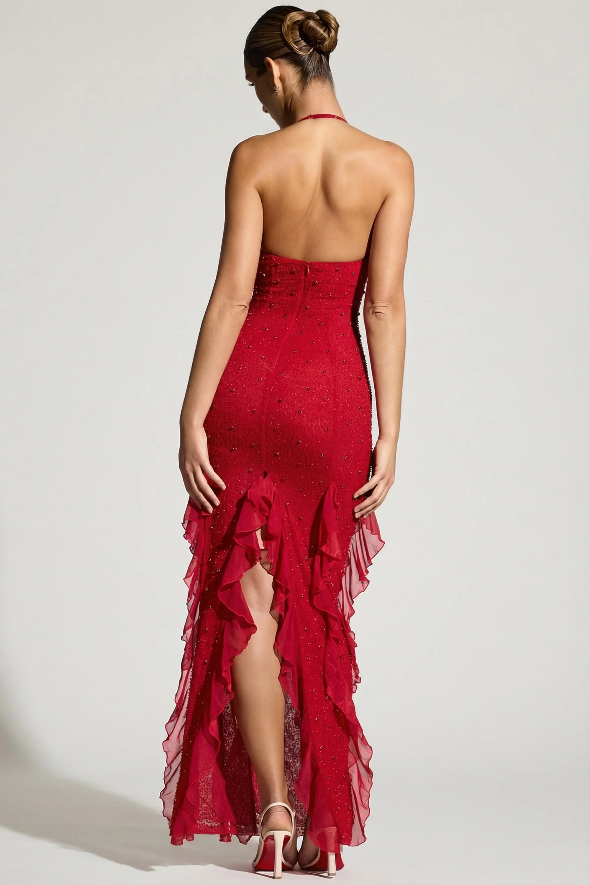 Embellished Halter Neck Ruffle Maxi Dress in Red