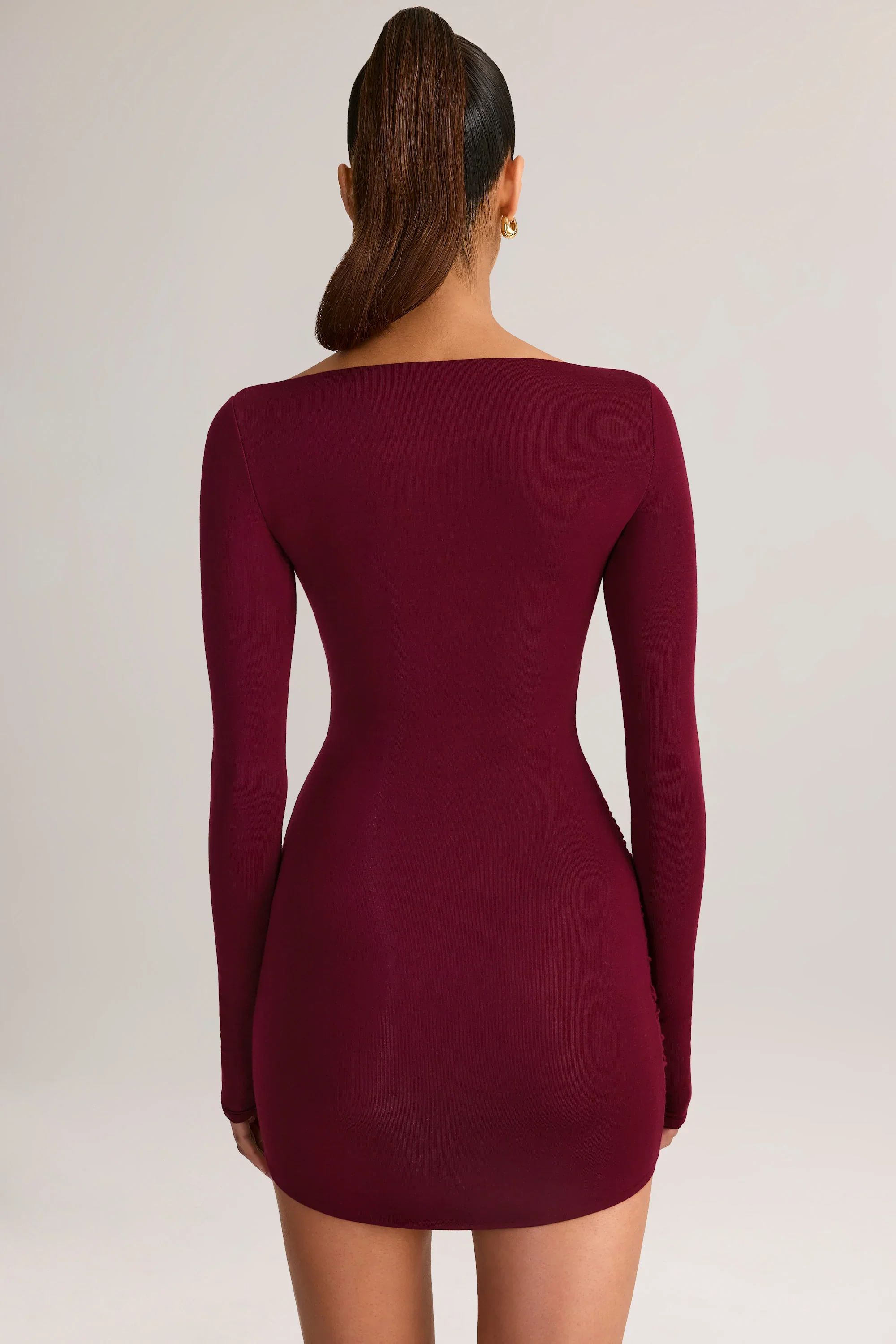 Modal Draped Long-Sleeve Mini Dress in Wine