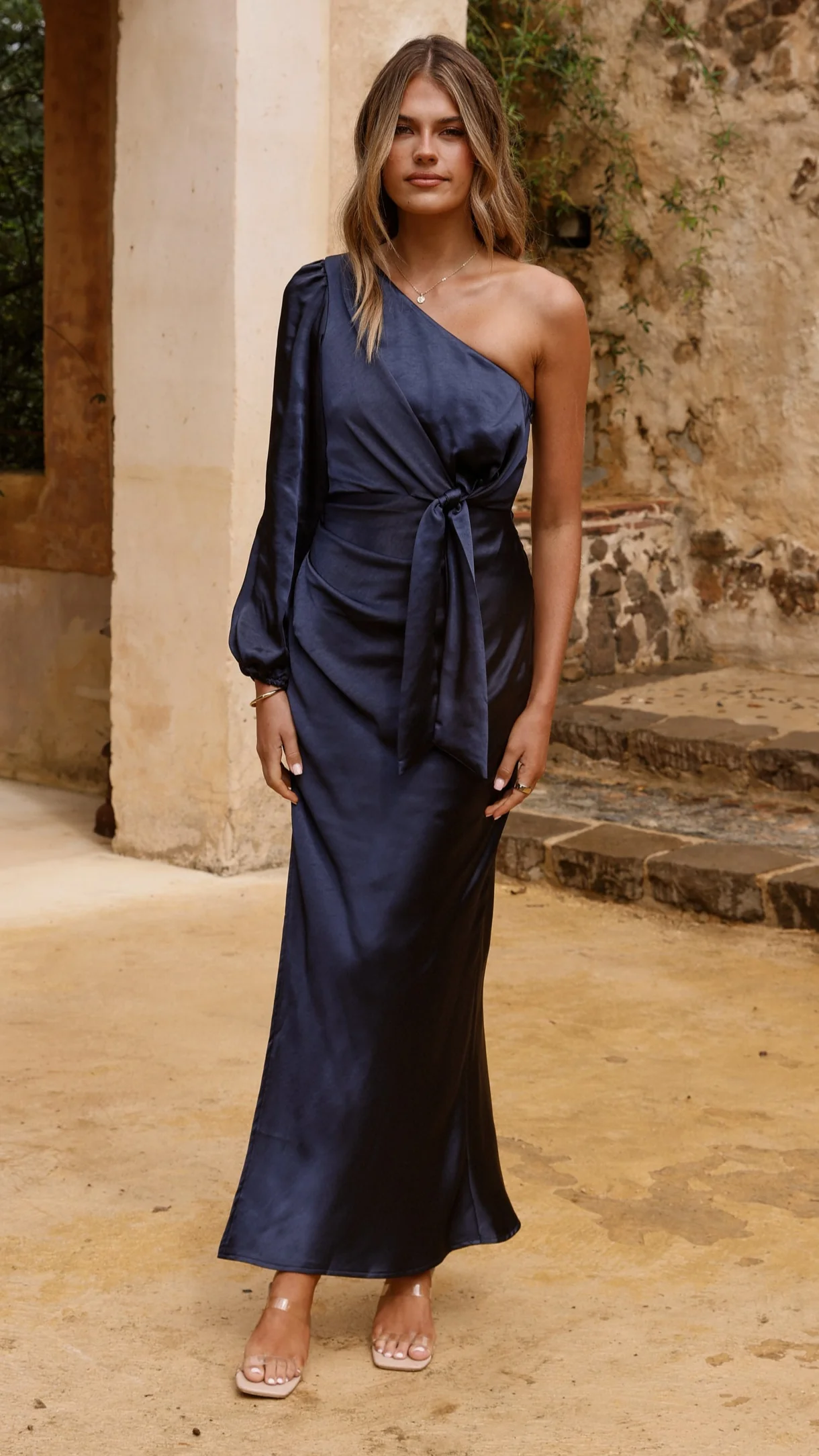 Eden One Shoulder Tie Front Maxi Dress - Navy
