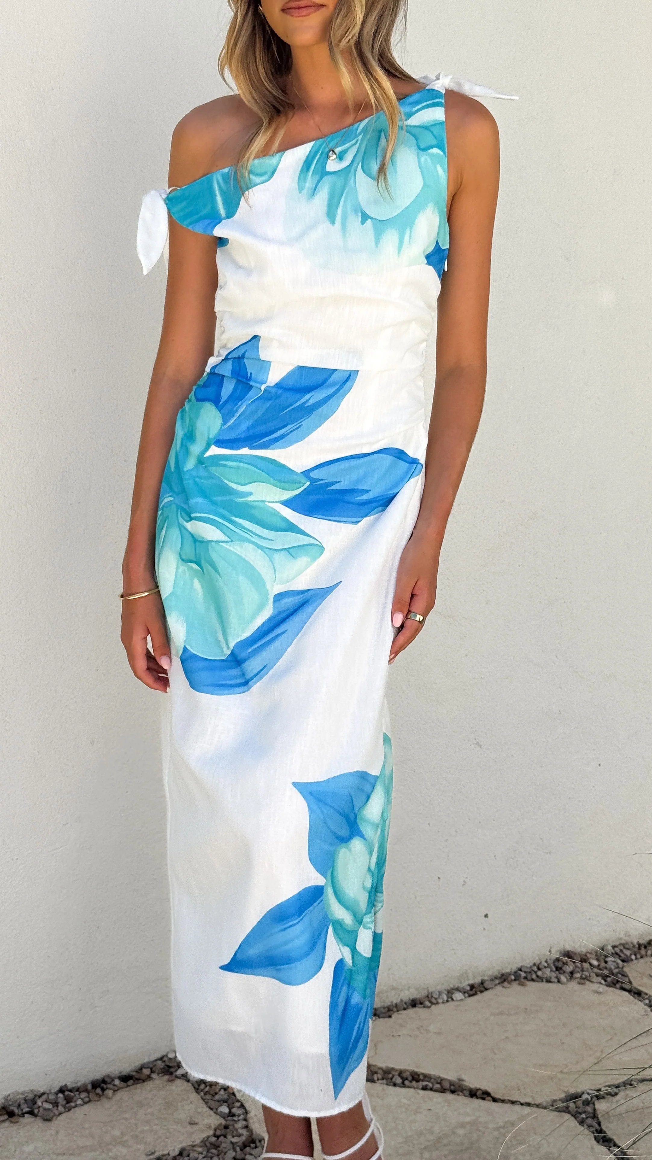 Maisy Shoulder Tie Midi Dress - Blue Teal