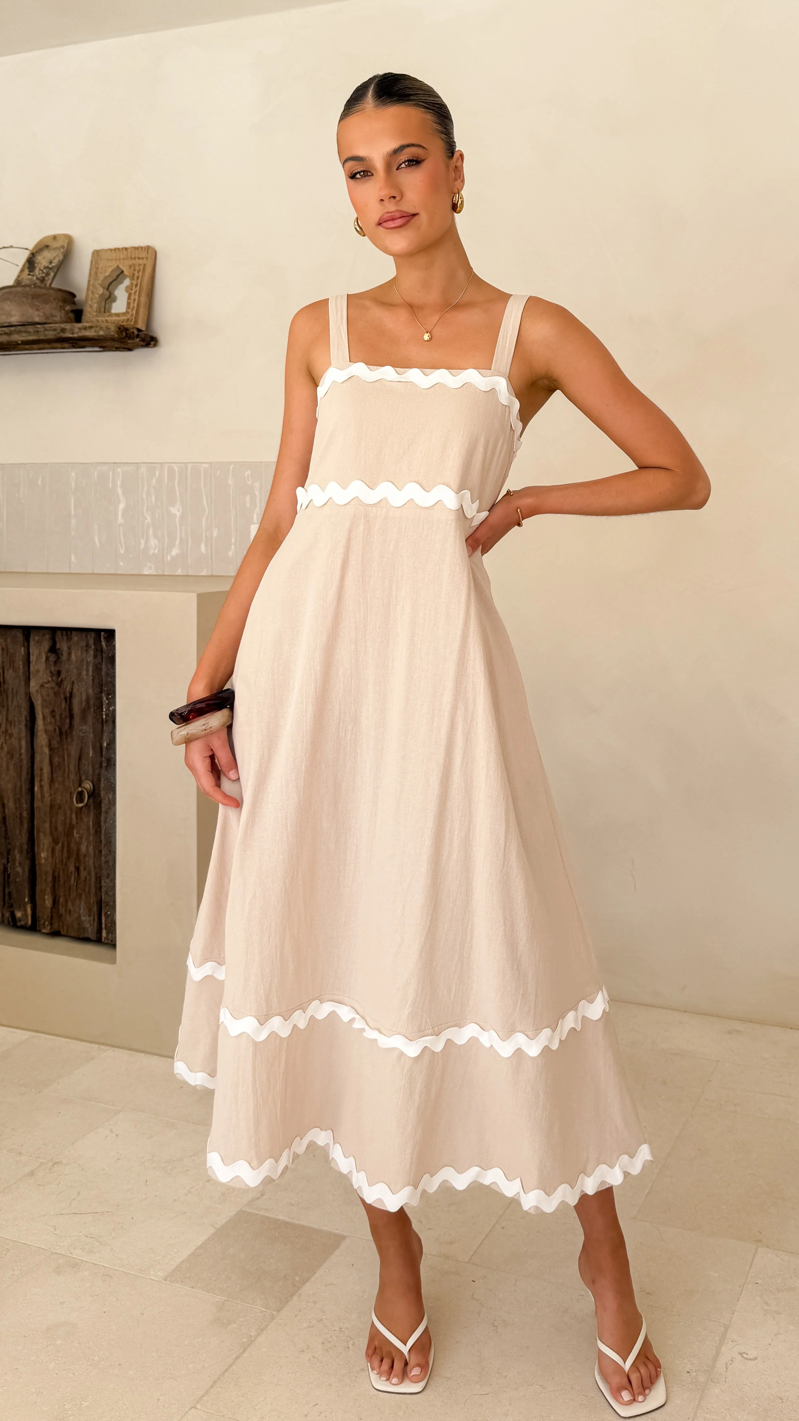 Raelynn Midi Dress - Beige/White