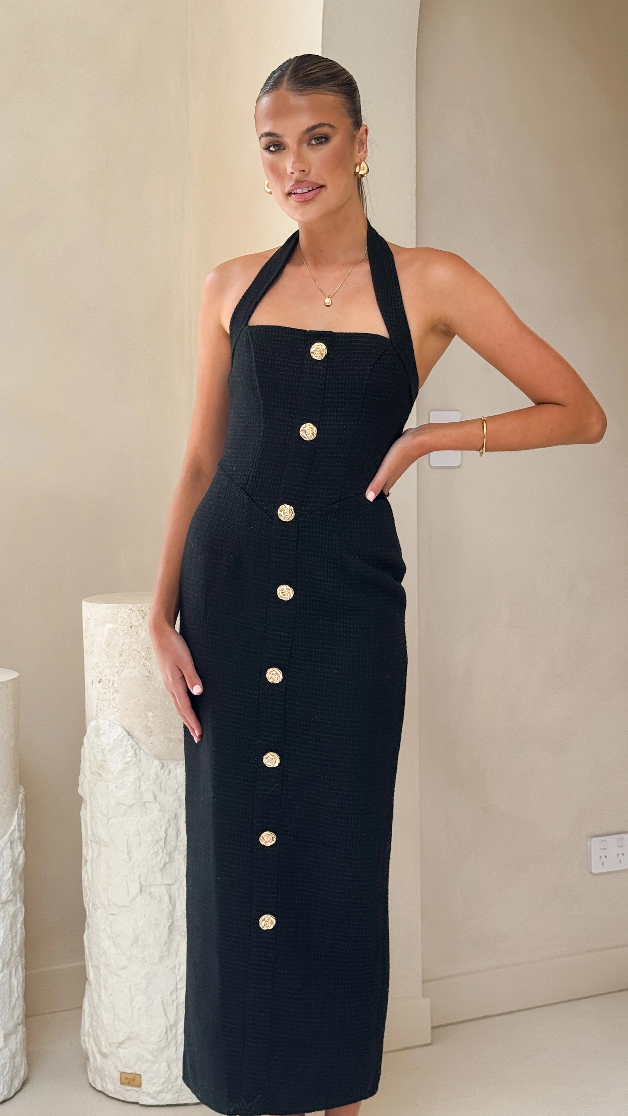 Tierra Button Midi Dress - Black