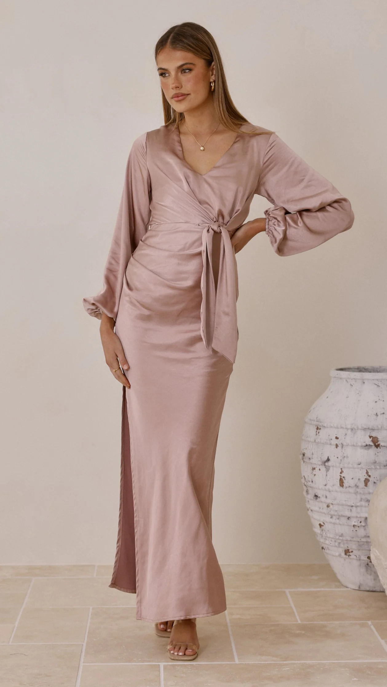 Ivy Long Sleeve Tie Front Maxi Dress - Dusty Pink