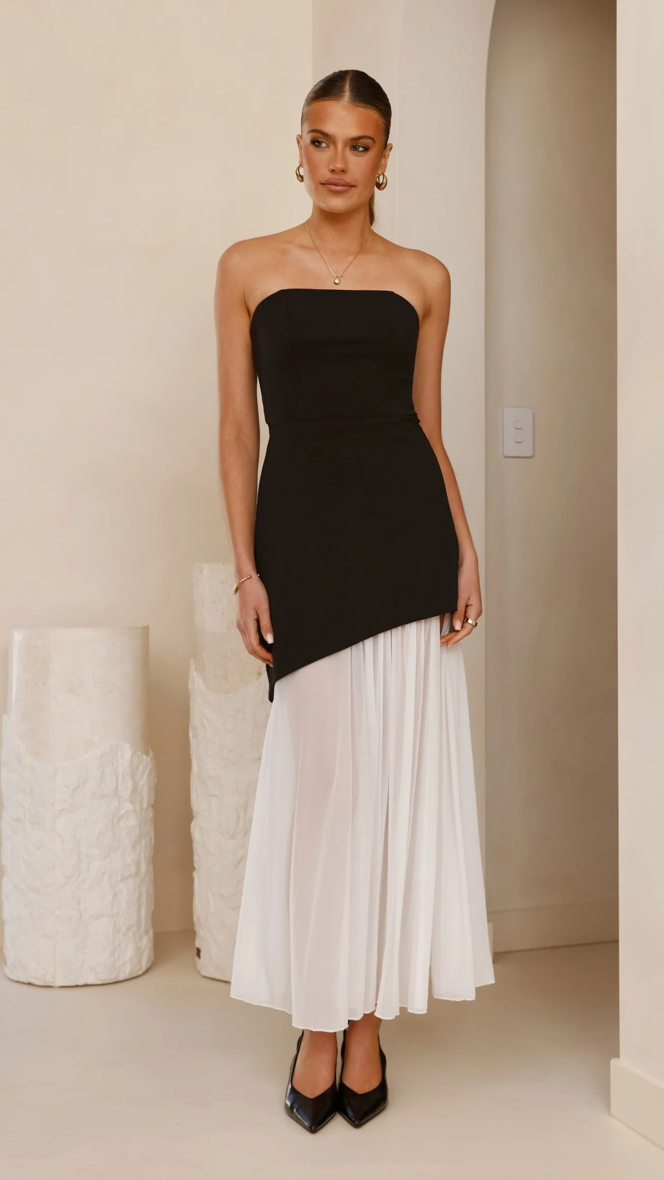 Fenella Asymmetrical Maxi Dress - Black / White
