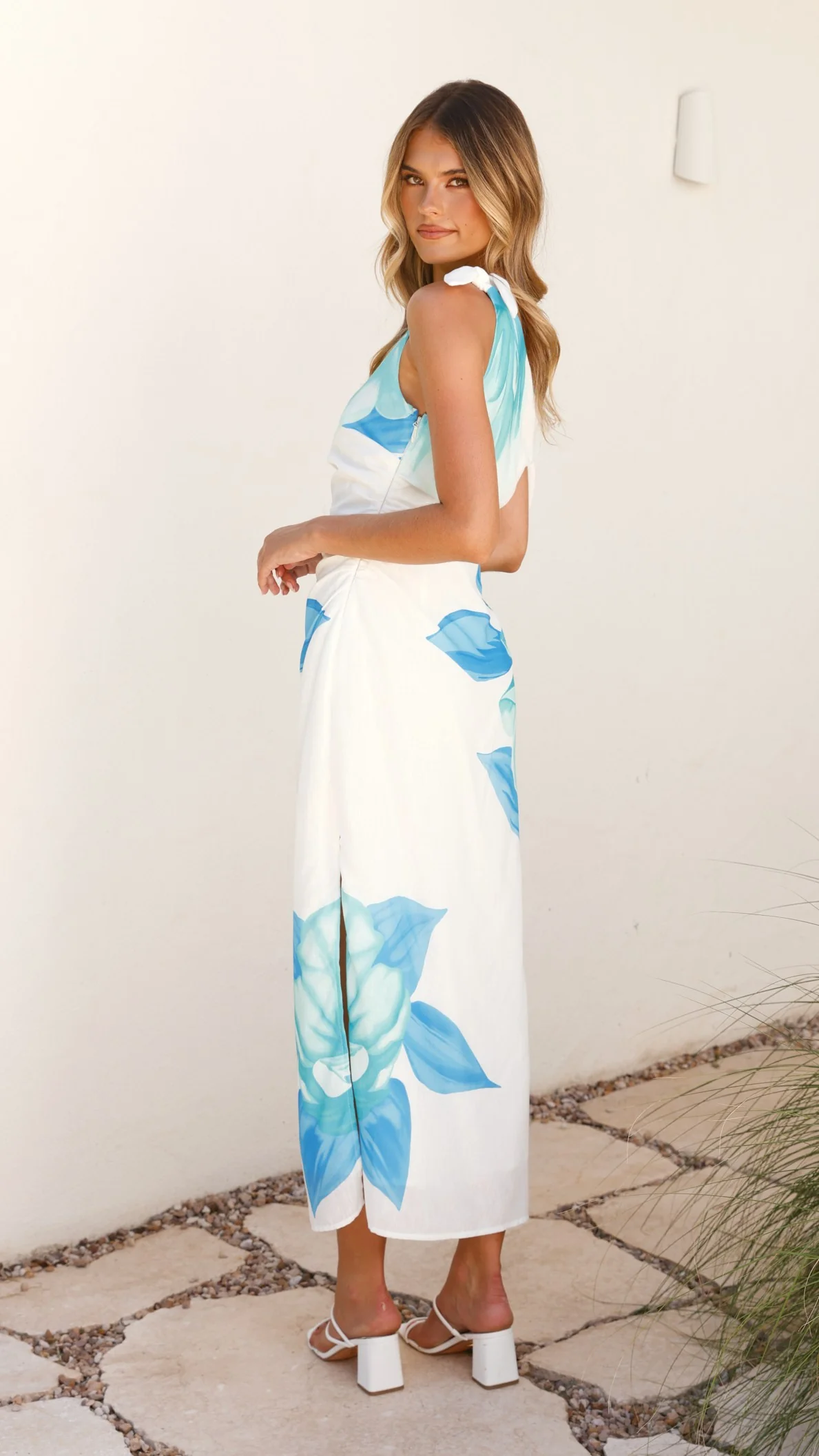 Maisy Shoulder Tie Midi Dress - Blue Teal