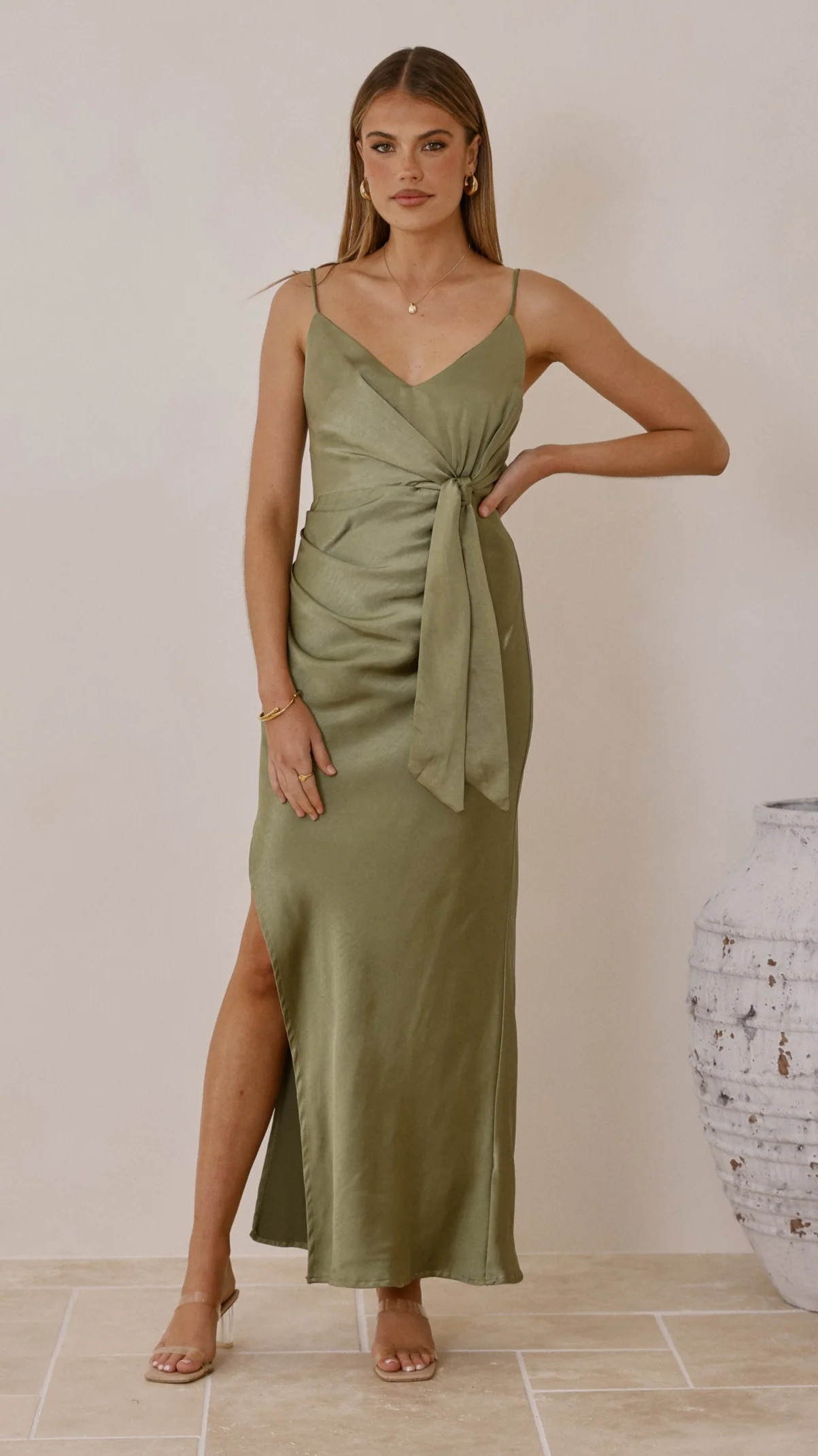 Yasmeen Tie Front Maxi Dress - Olive