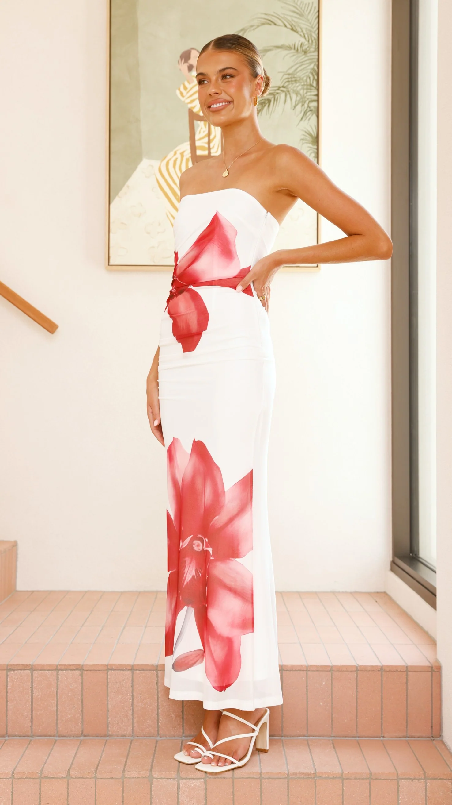 Brittani Strapless Maxi Dress - White/Red