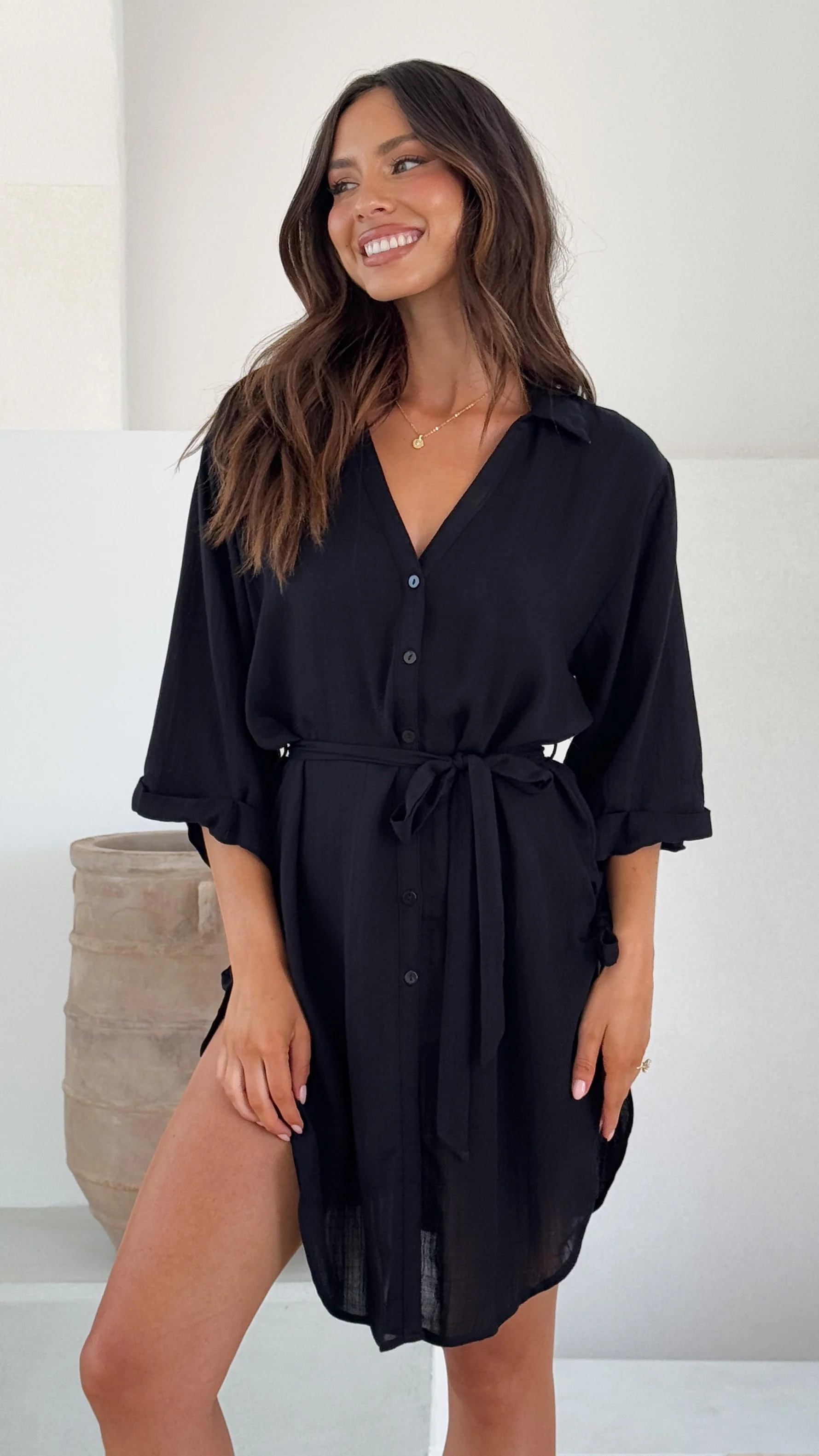 Vesper  Button Down Beach Cover Up  - Black