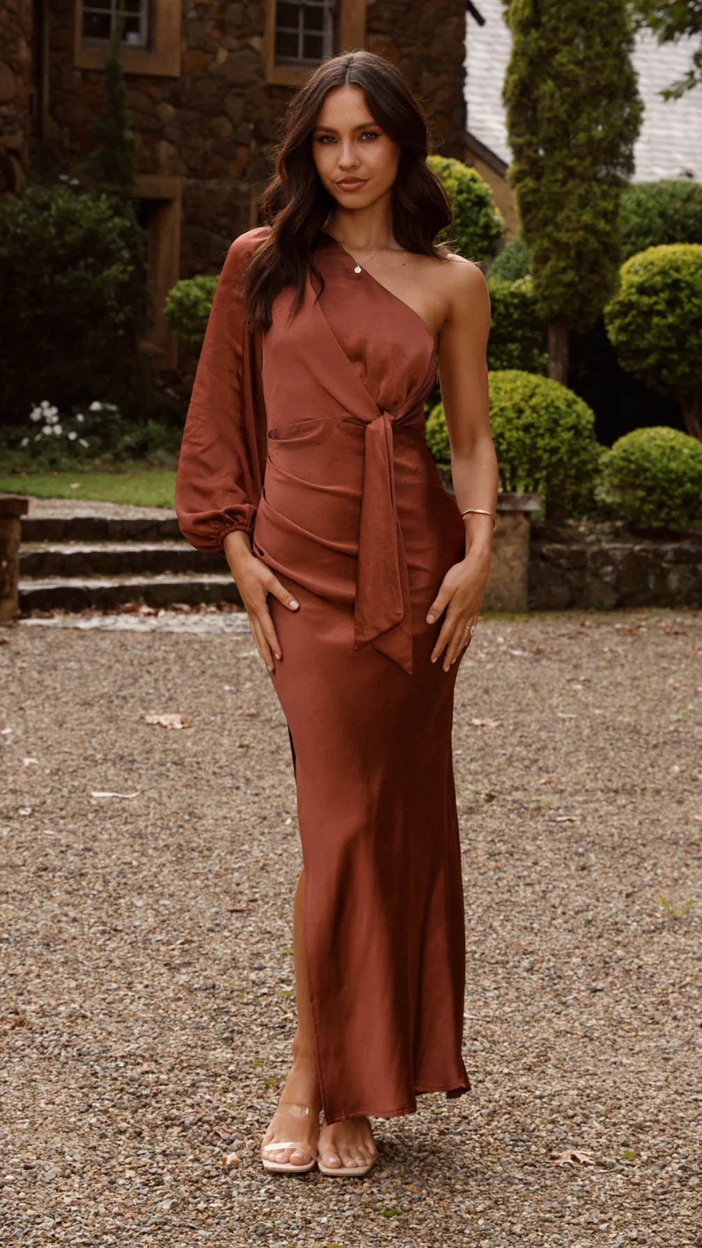 Eden One Shoulder Tie Front Maxi Dress - Rust