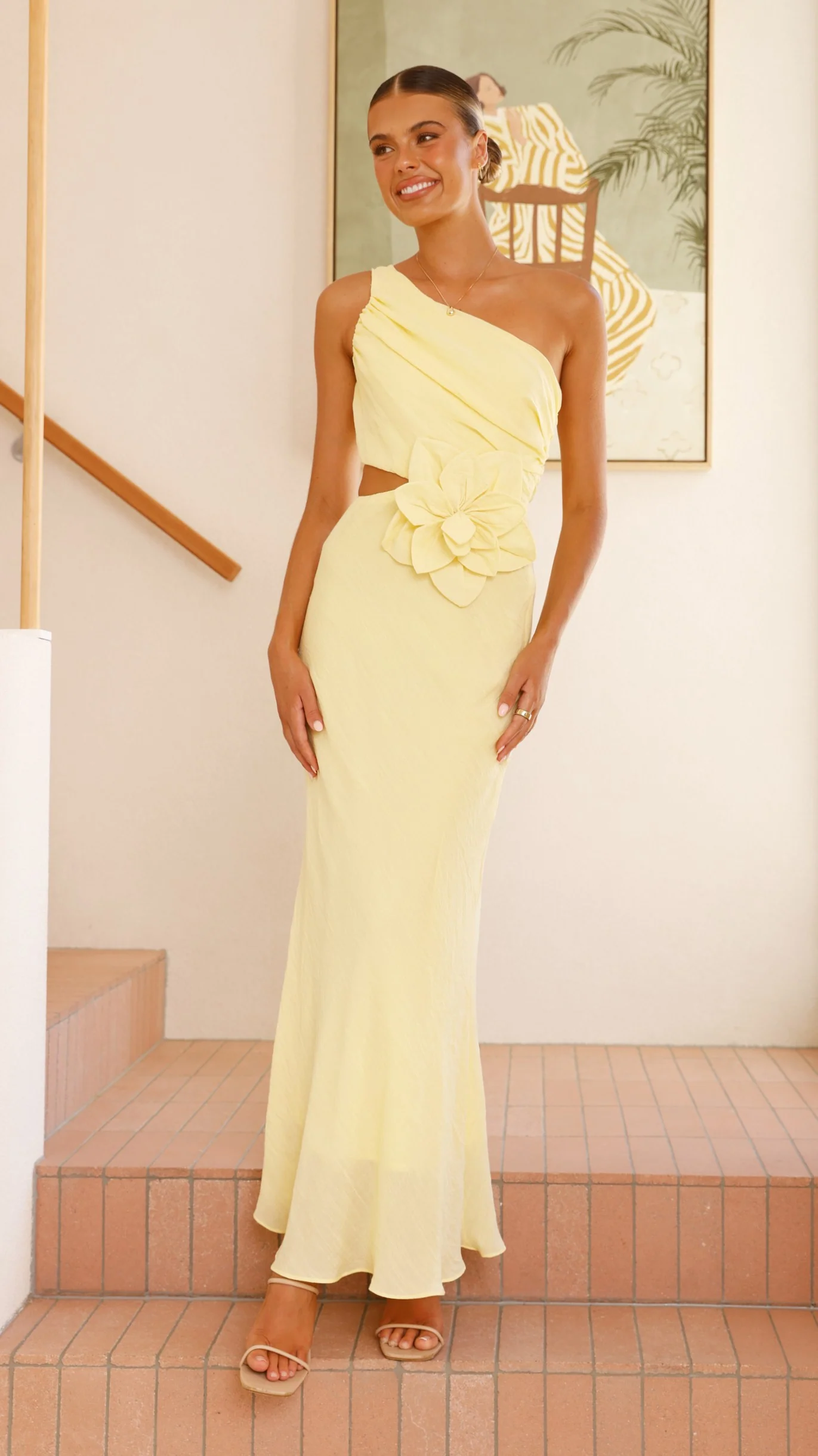 Bloom One Shoulder Cut Out Maxi Dress - Yellow
