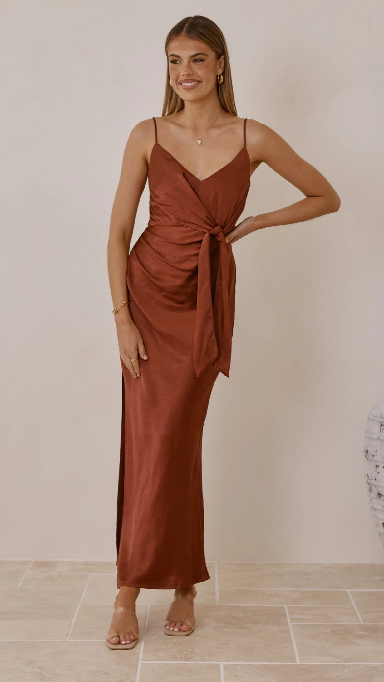 Yasmeen Tie Front Maxi Dress - Rust