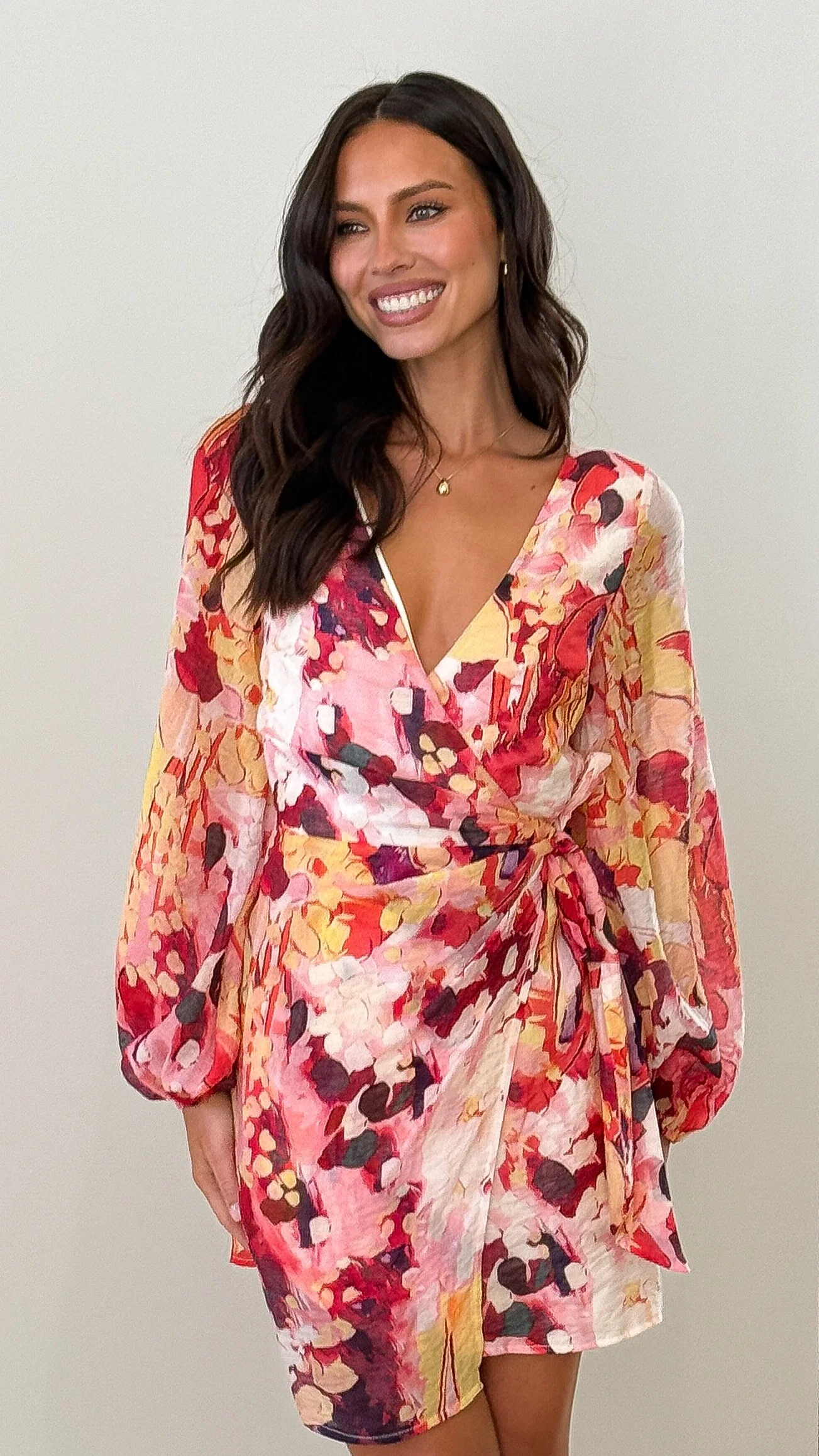 Jemma Long Sleeve Mini Dress - Pink Abstract