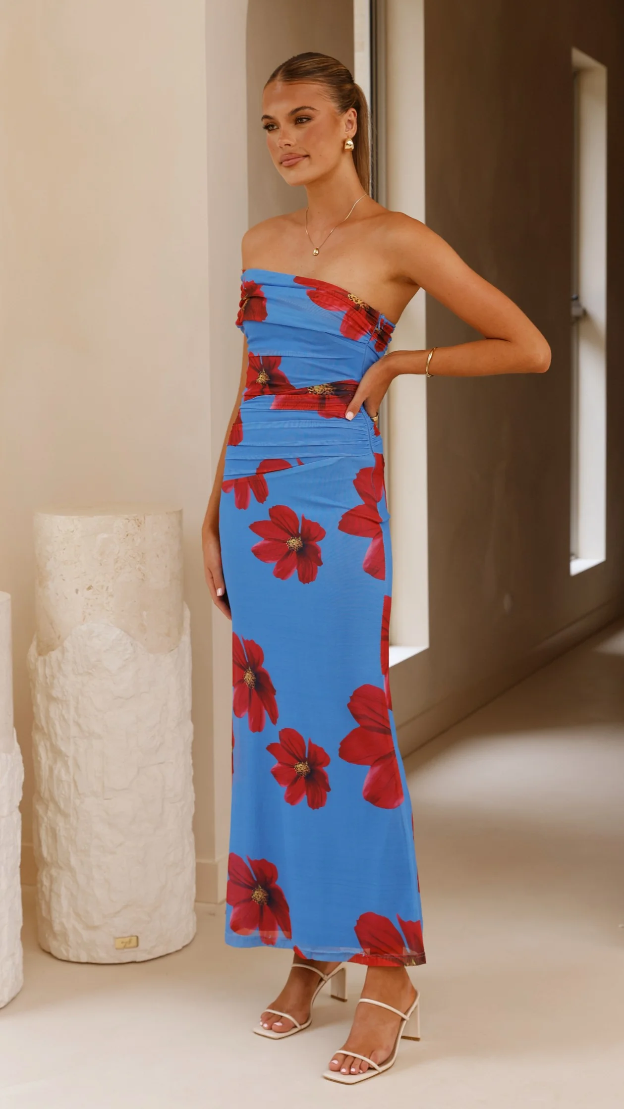 Eisa One Shoulder Maxi Dress - Blue / Red Floral