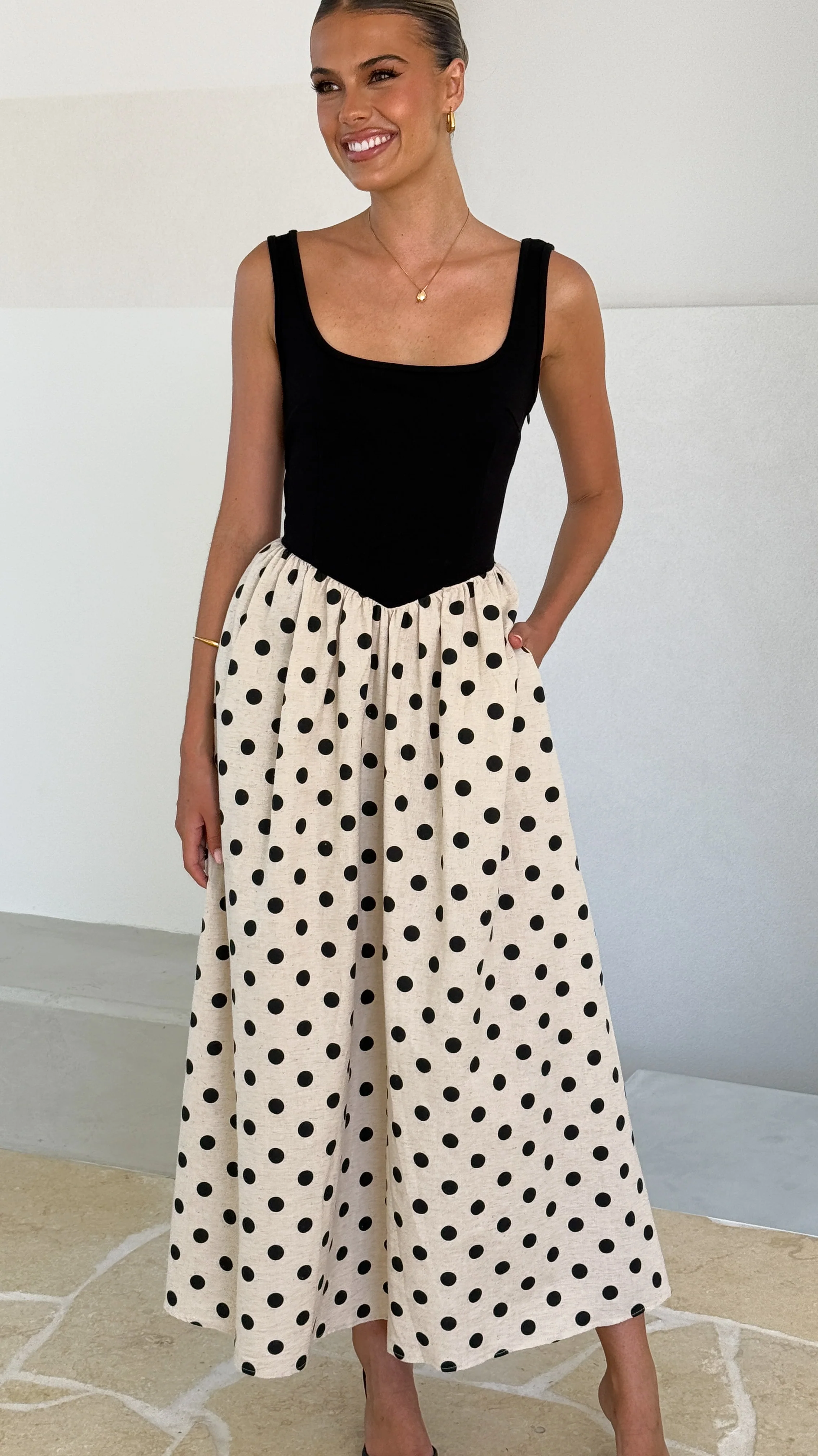 Leoni Maxi Dress - Oat/Black Spot