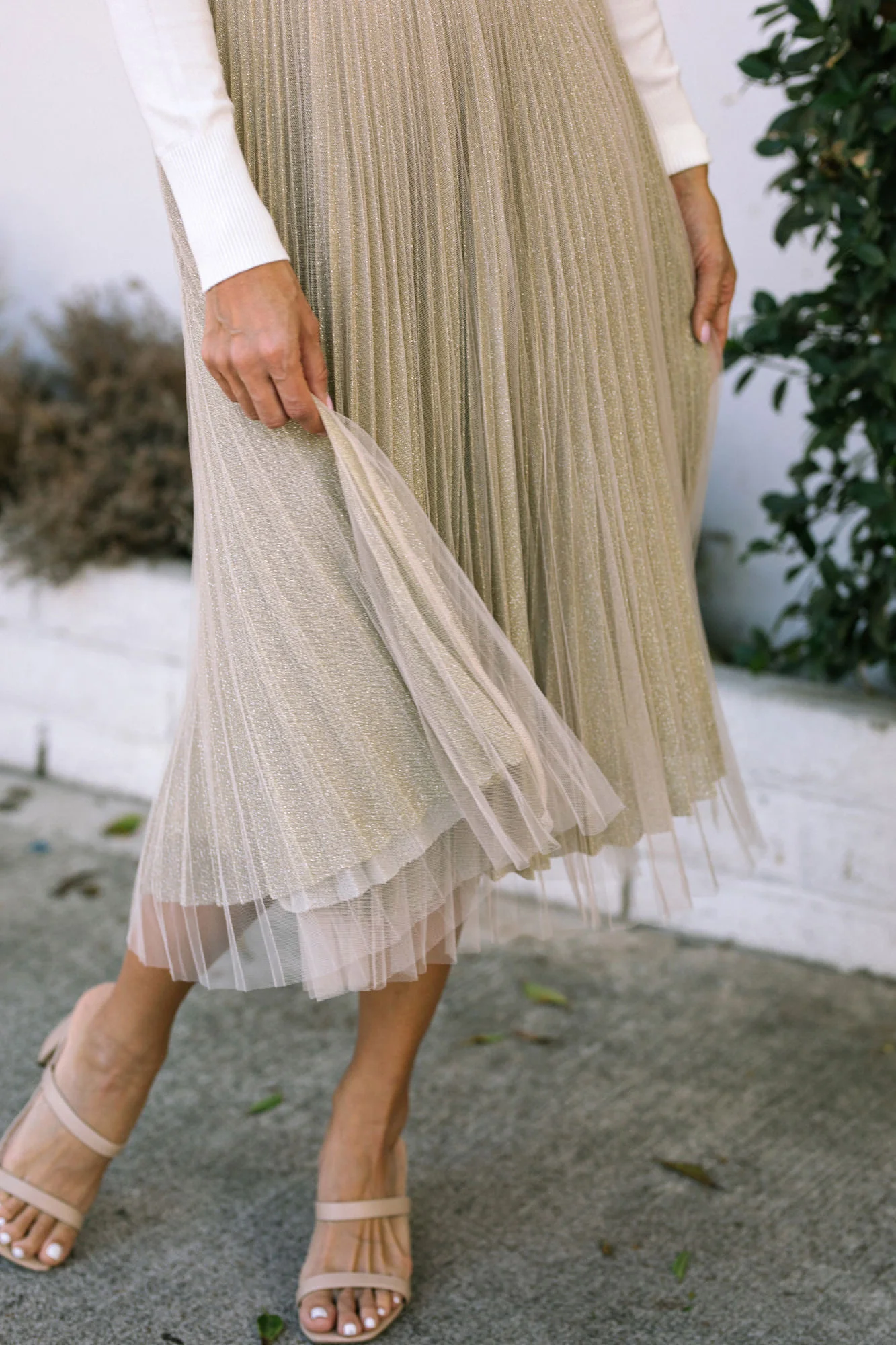 Pleated Tulle Midi Skirt