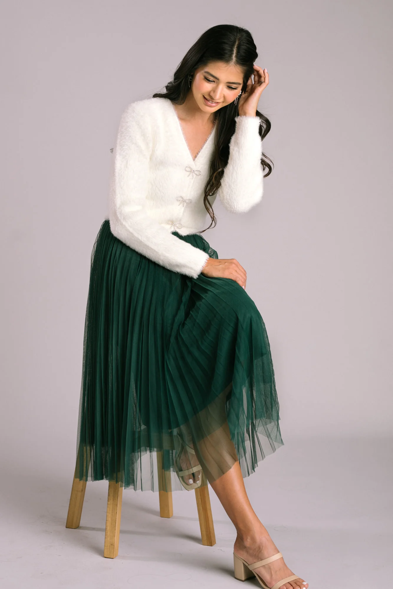 Pleated Tulle Midi Skirt