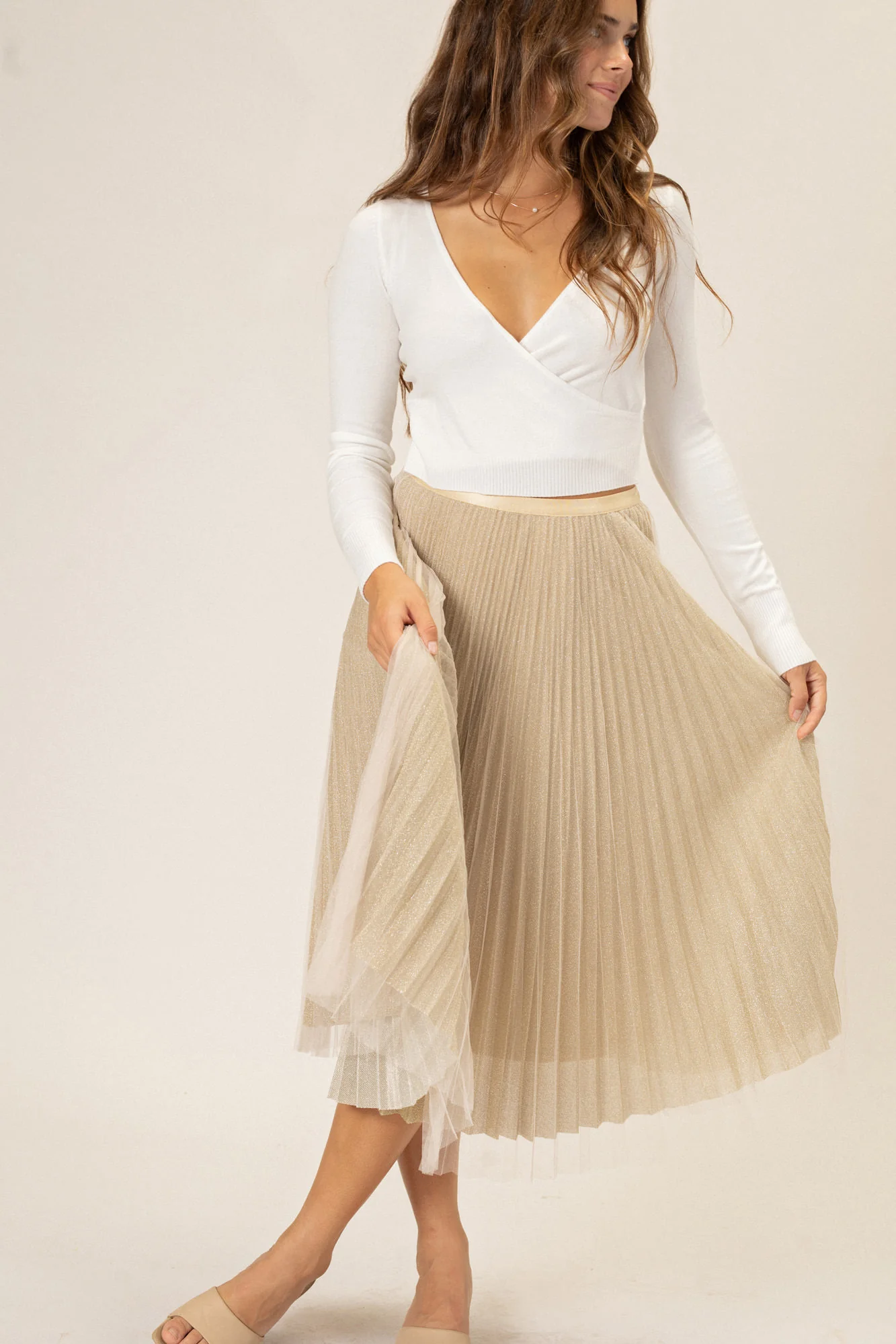 Pleated Tulle Midi Skirt
