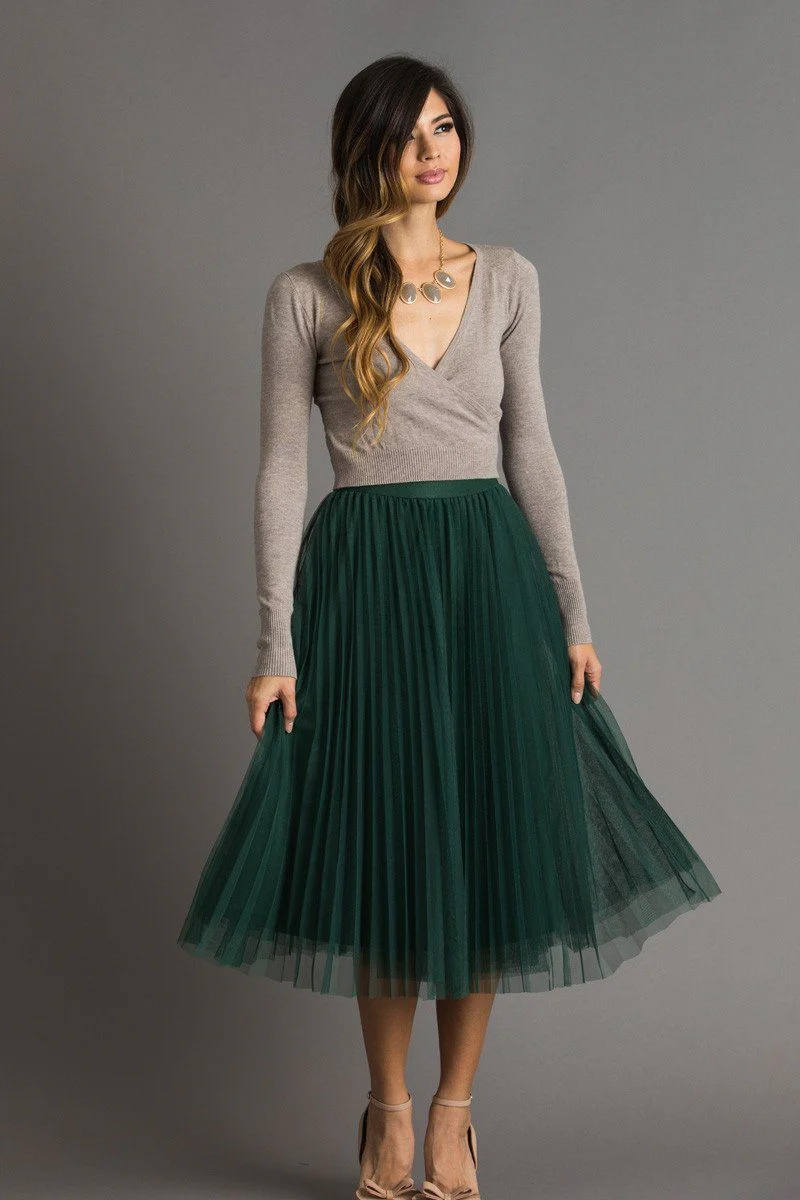 Pleated Tulle Midi Skirt