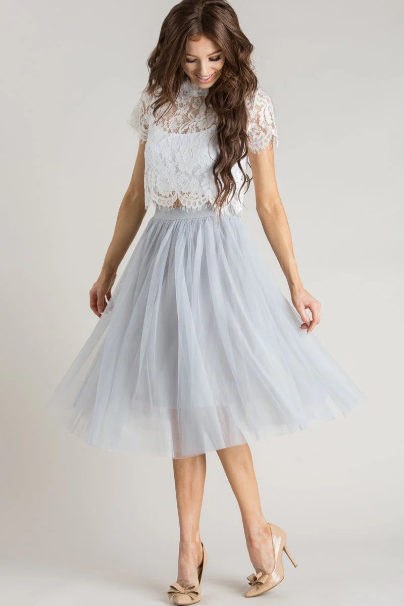 Grey Tulle Midi Skirt