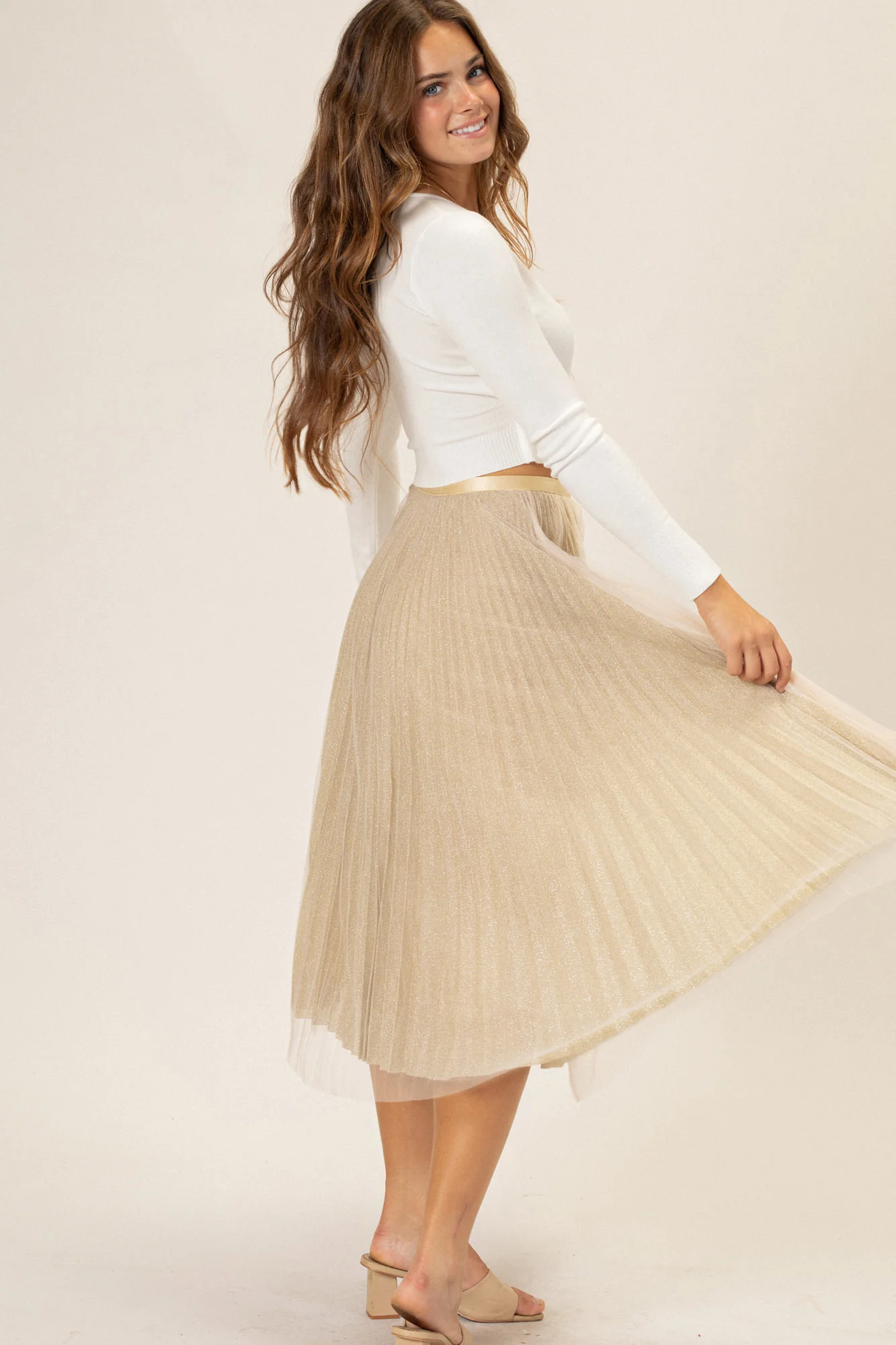 Pleated Tulle Midi Skirt