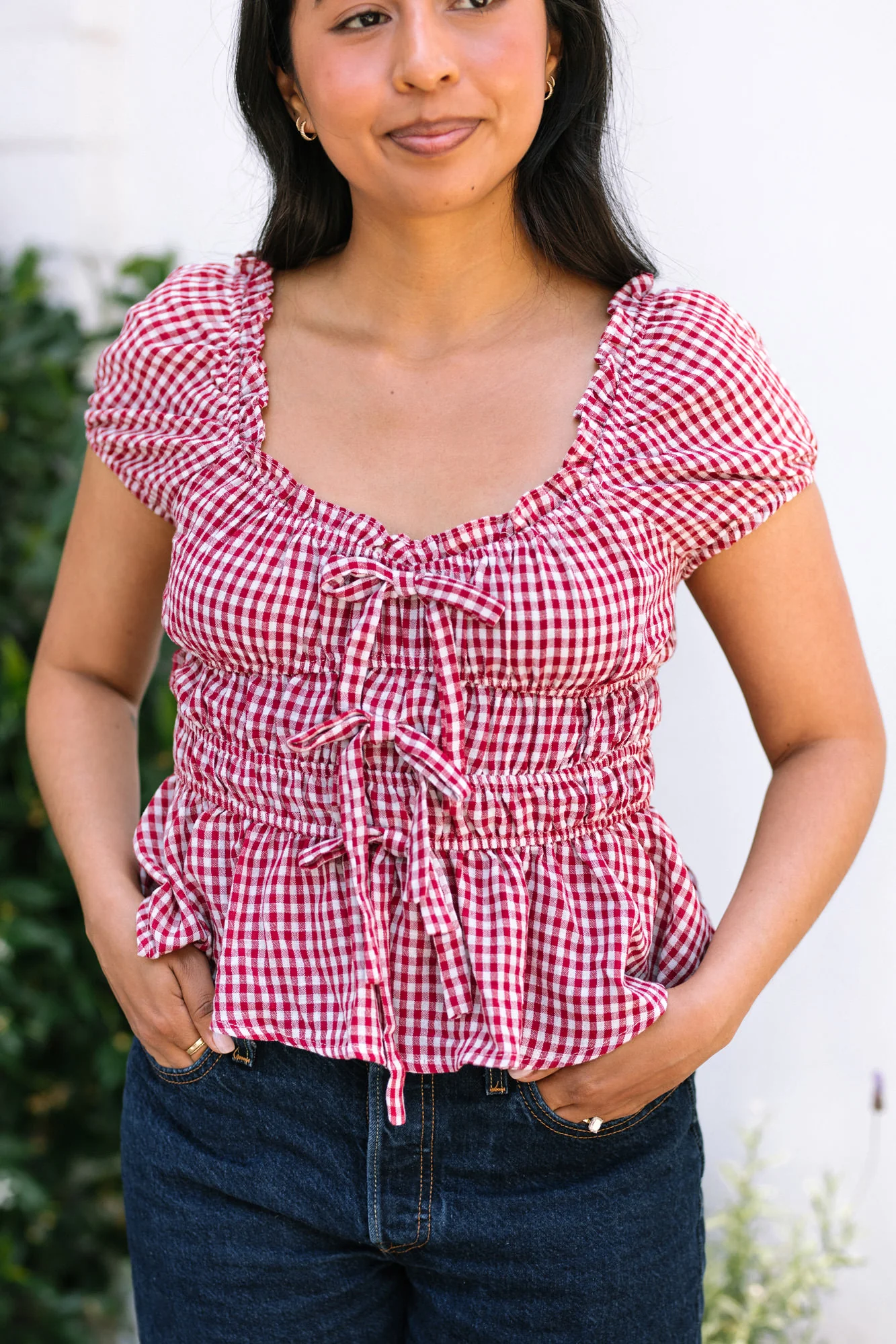 Ruby Gingham Shirred Top
