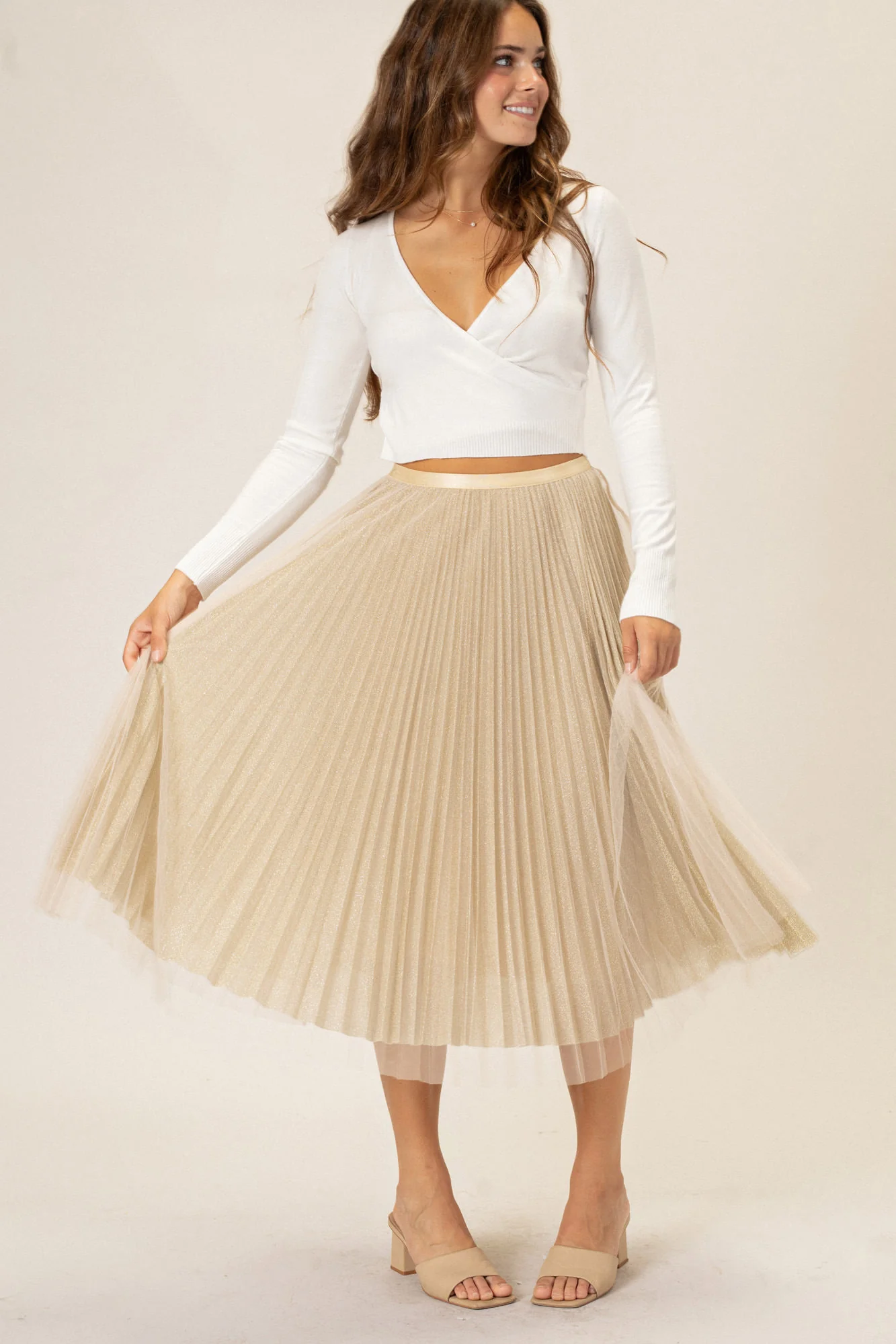 Pleated Tulle Midi Skirt