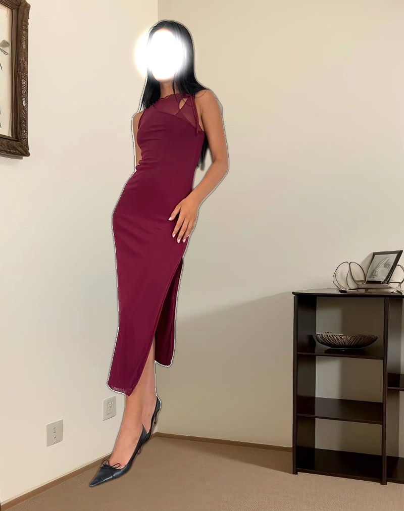Marlo Asymmetric Midi Dress in Burgundy