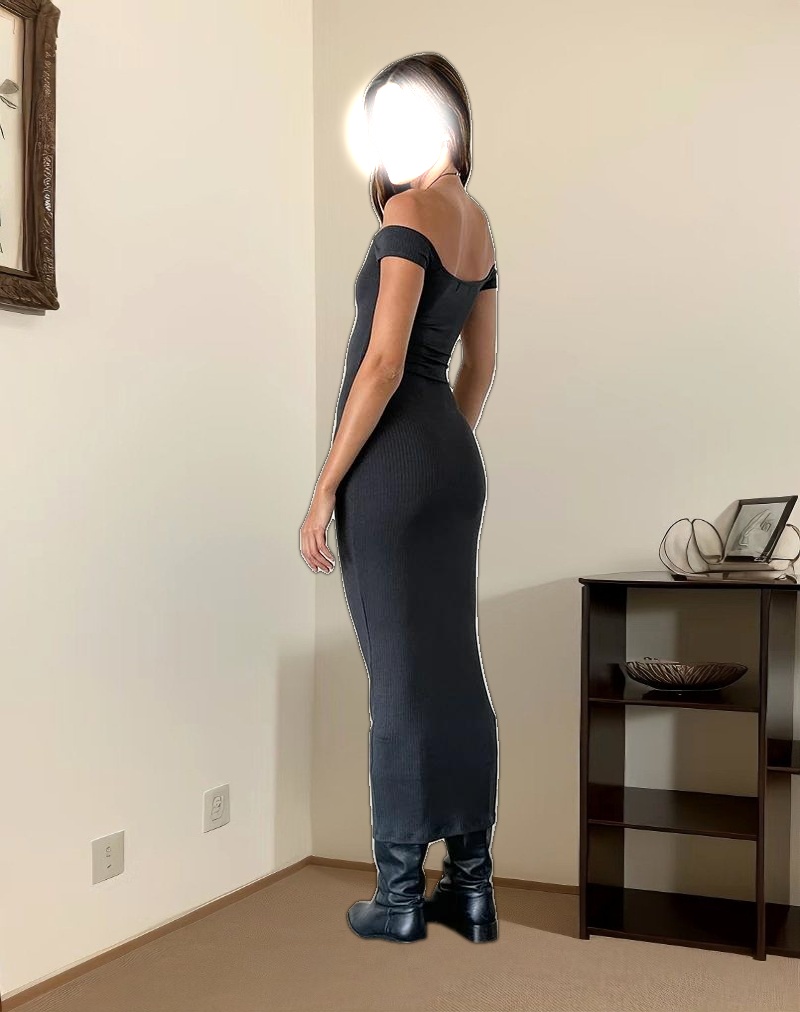 Racha Thick Rib Bardot Maxi Dress in Black Forest