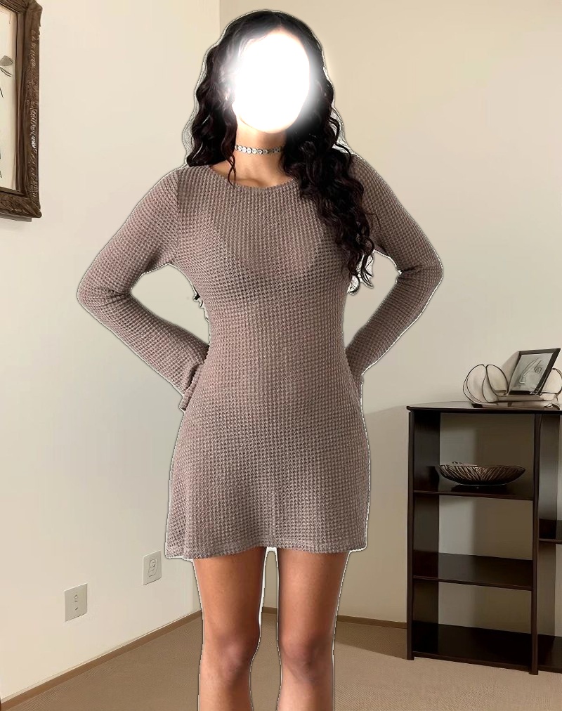 Sevila Long Sleeve Mini Dress in Light Taupe Knit