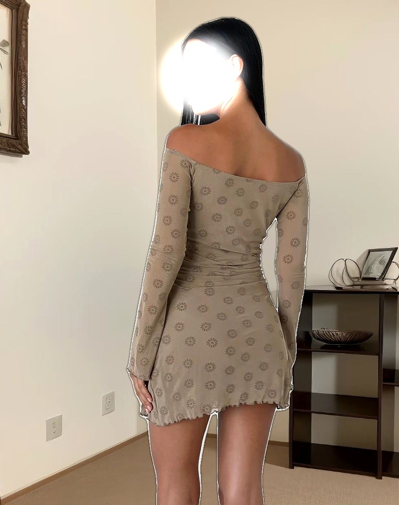 Kausar Off Shoulder Mini Dress in Daisy Flock Light Brown