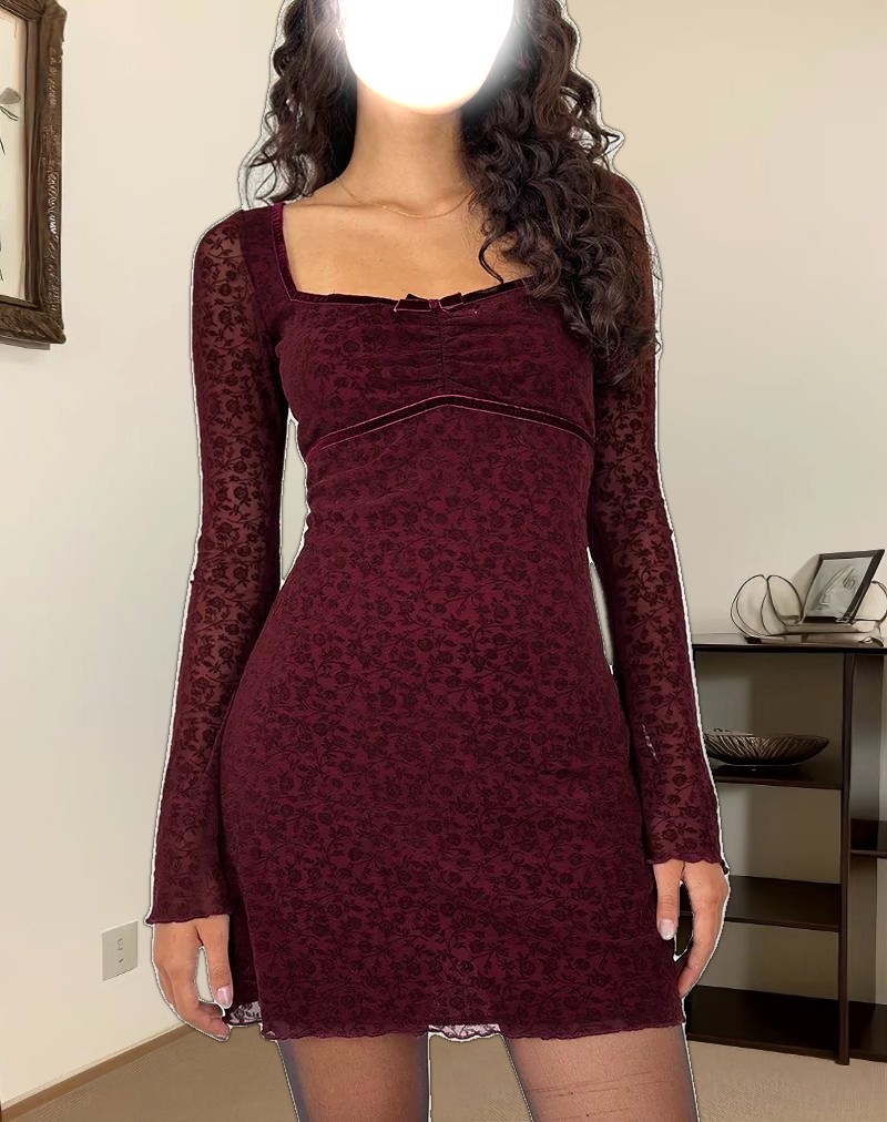 Luth Mini Dress in Ditsy Flocked Burnt Maroon
