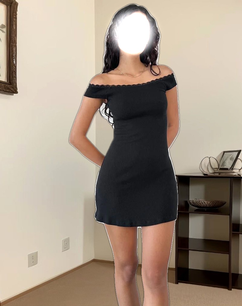 Chana Off Shoulder Mini Dress in Black Rib with Lace Trim