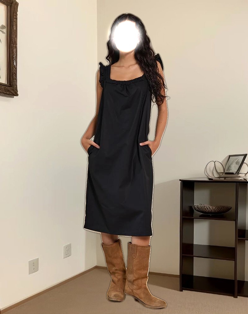 Merrily Smock Midi Dress in Poplin Black